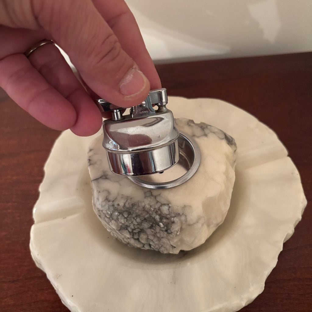 F154 Italian alabaster ashtray (5”) and lighter