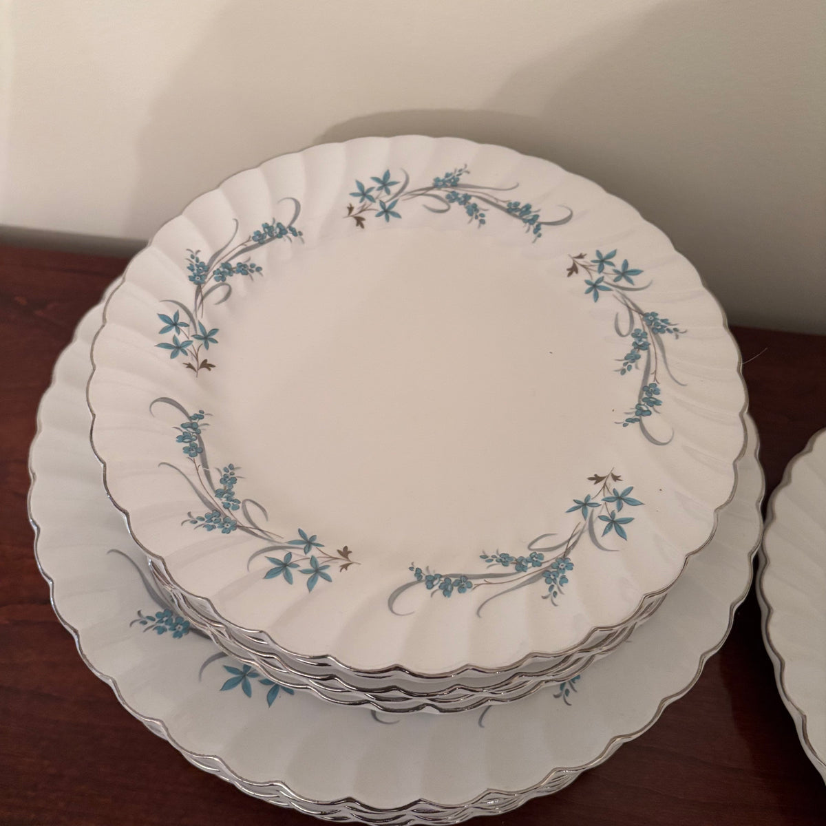 F156 Vintage china plate grouping (Johnson Bros Snowhite Regency)