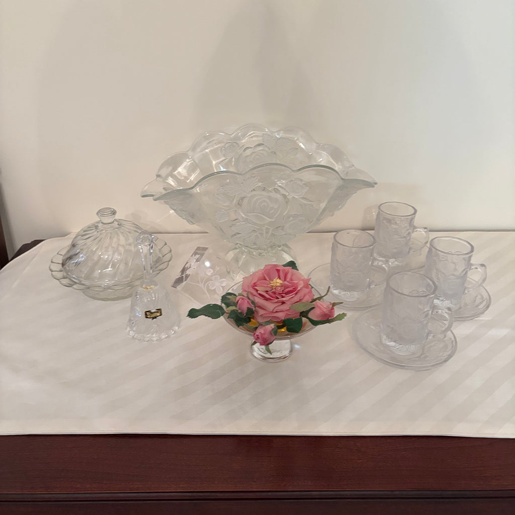 F161 Vintage crystal and glass  grouping (floral fruit bowl and more)