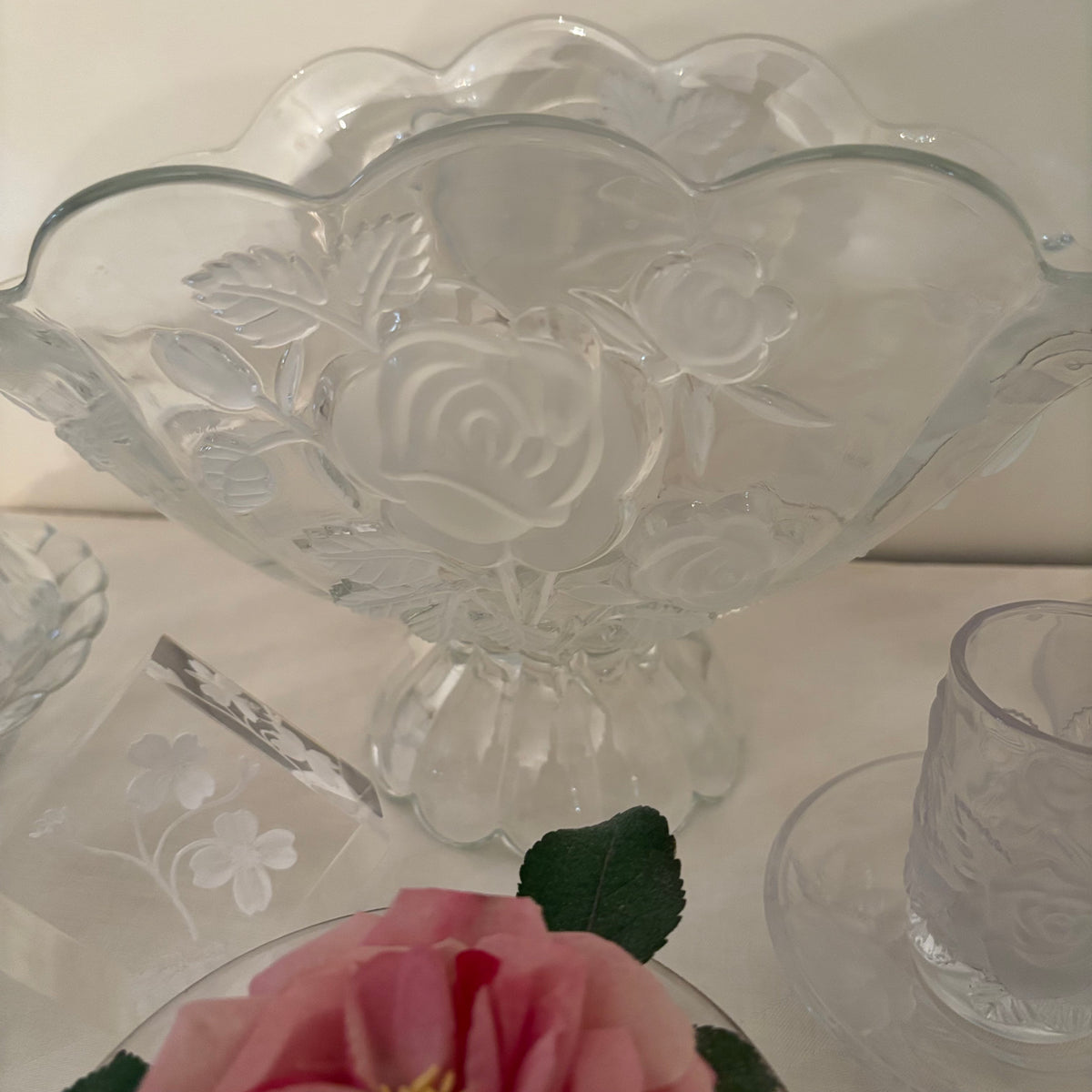 F161 Vintage crystal and glass  grouping (floral fruit bowl and more)
