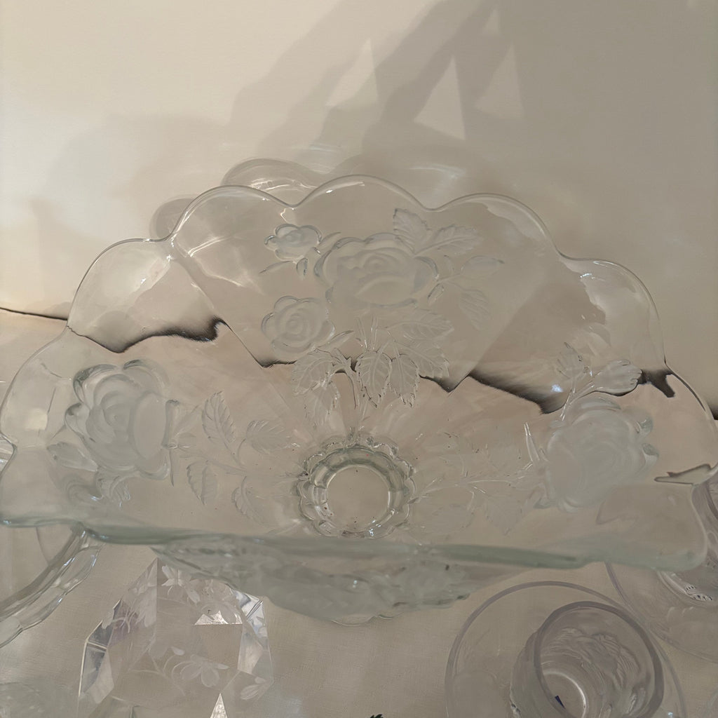 F161 Vintage crystal and glass  grouping (floral fruit bowl and more)