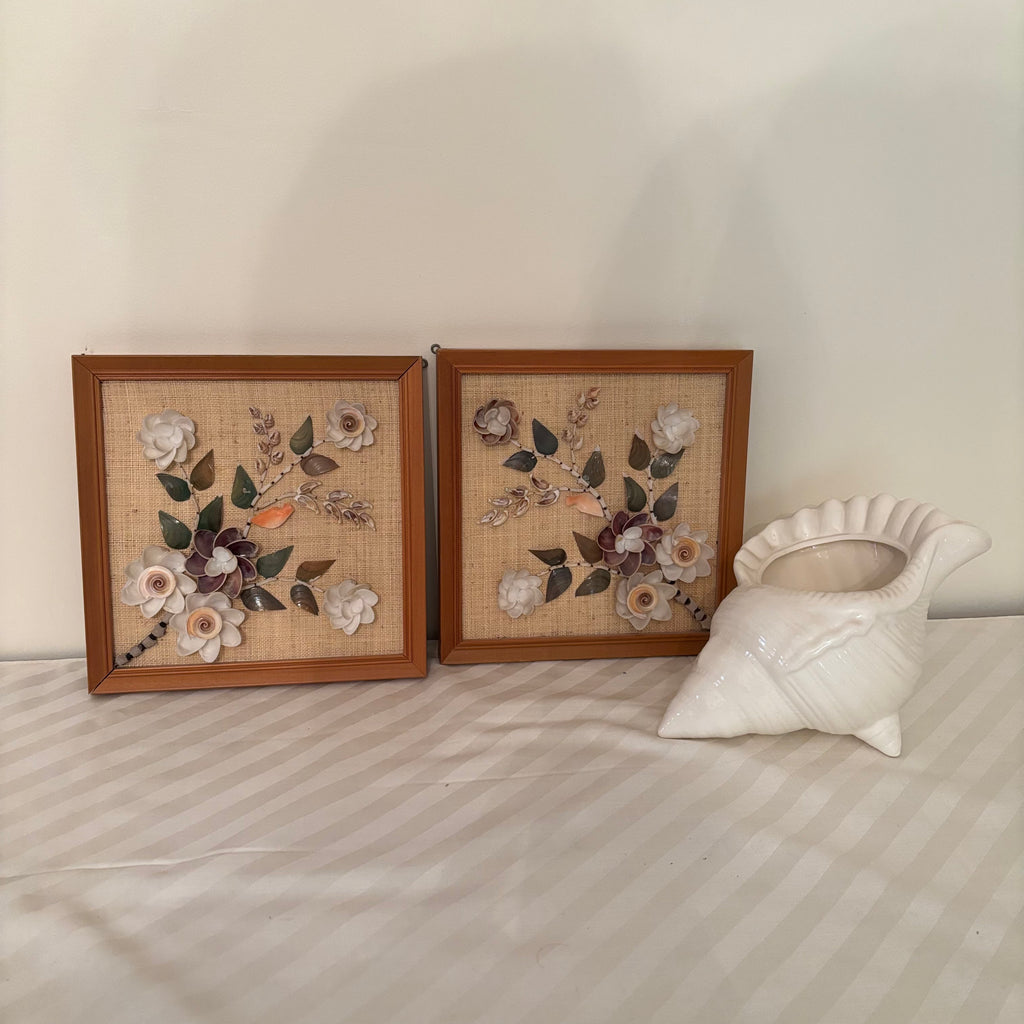 F166 Vintage floral artwork and ceramic sea shell vase