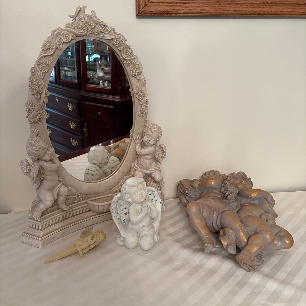 F170 Vintage cherub decor grouping (heavy stone mirror and more)