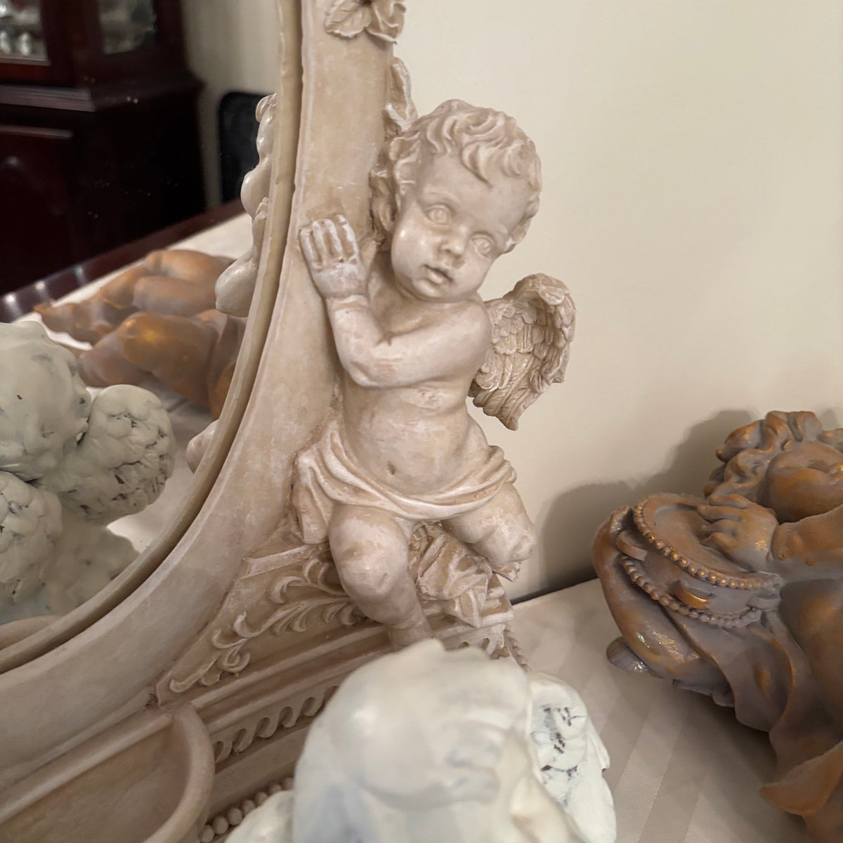 F170 Vintage cherub decor grouping (heavy stone mirror and more)