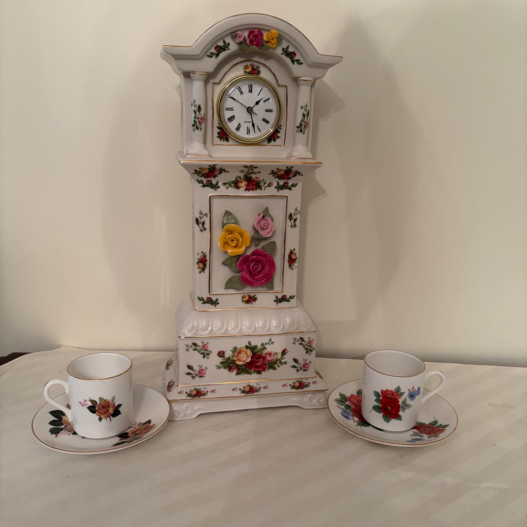 F172 China Grouping (Royal Albert Old Country Rose clock and Royal Grafton tea cups)