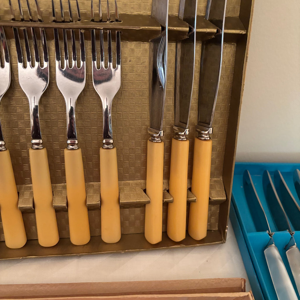 F173 Vintage Cutlery Grouping (Birks Mother of Pearl handled knives and fish knife set)