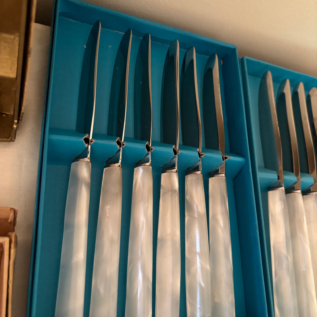 F173 Vintage Cutlery Grouping (Birks Mother of Pearl handled knives and fish knife set)