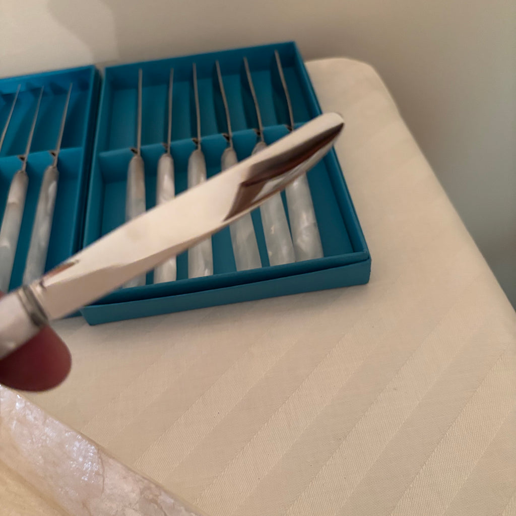 F173 Vintage Cutlery Grouping (Birks Mother of Pearl handled knives and fish knife set)