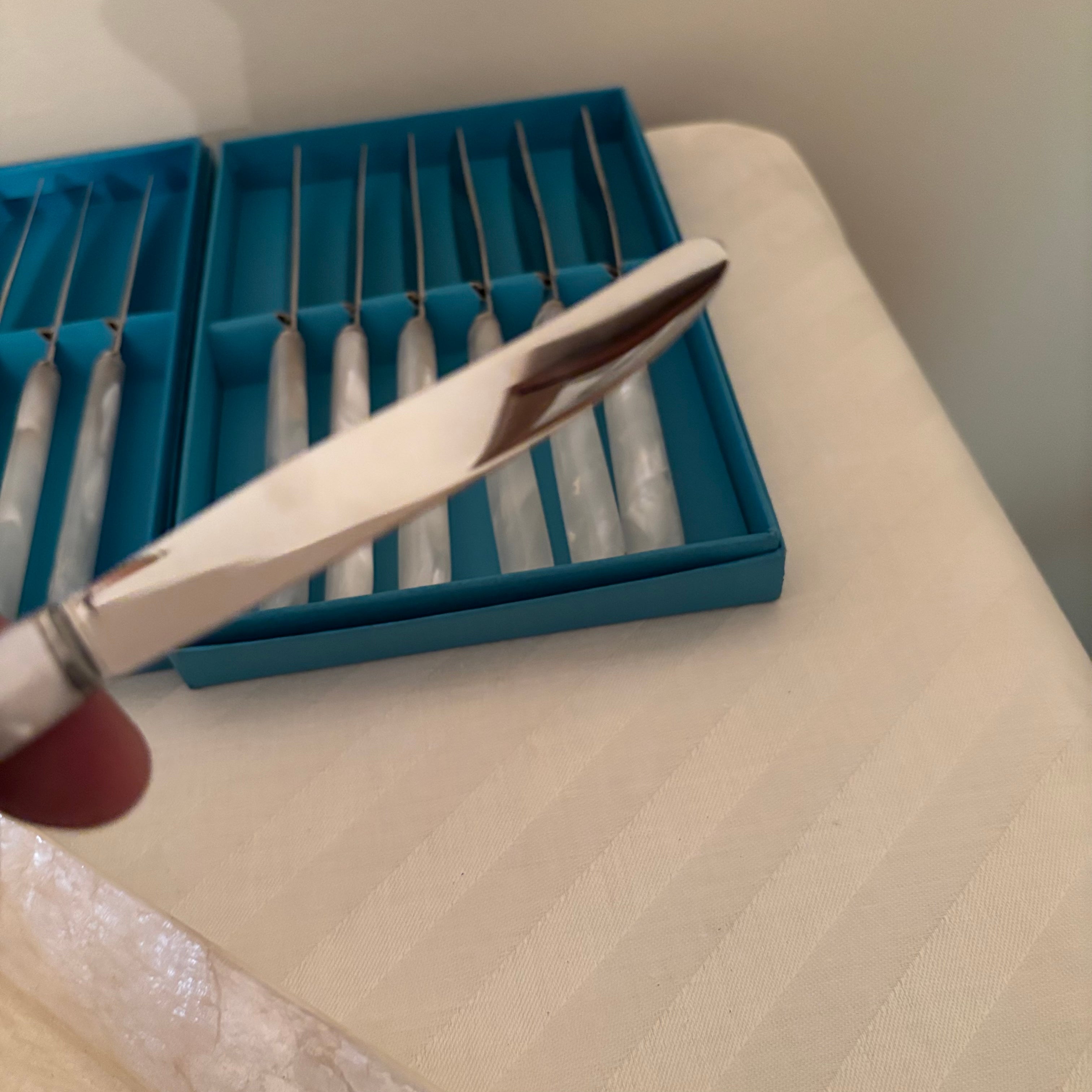 F173 Vintage Cutlery Grouping (Birks Mother of Pearl handled knives and fish knife set)