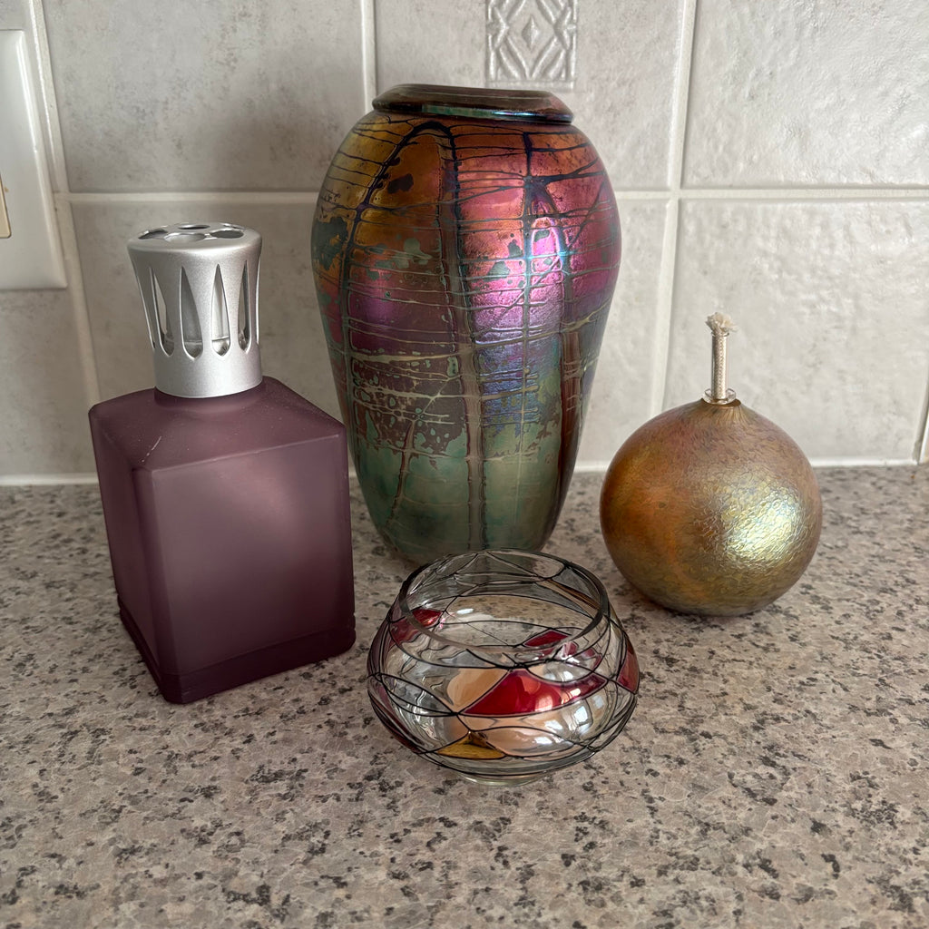 E780 Art glass Decor Grouping (Roku vase  and more)