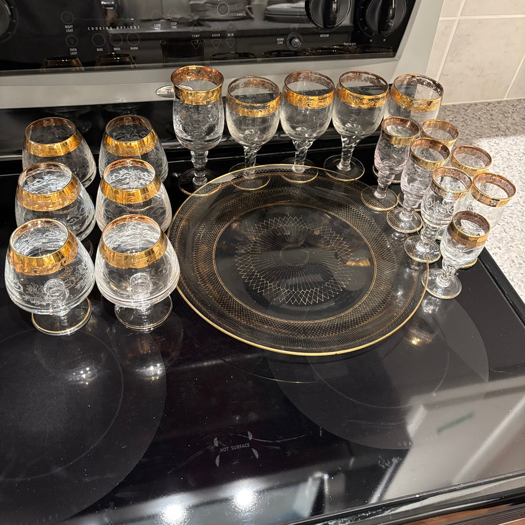 F811 Vintage Barware Grouping (gold rimmed glasses and more)