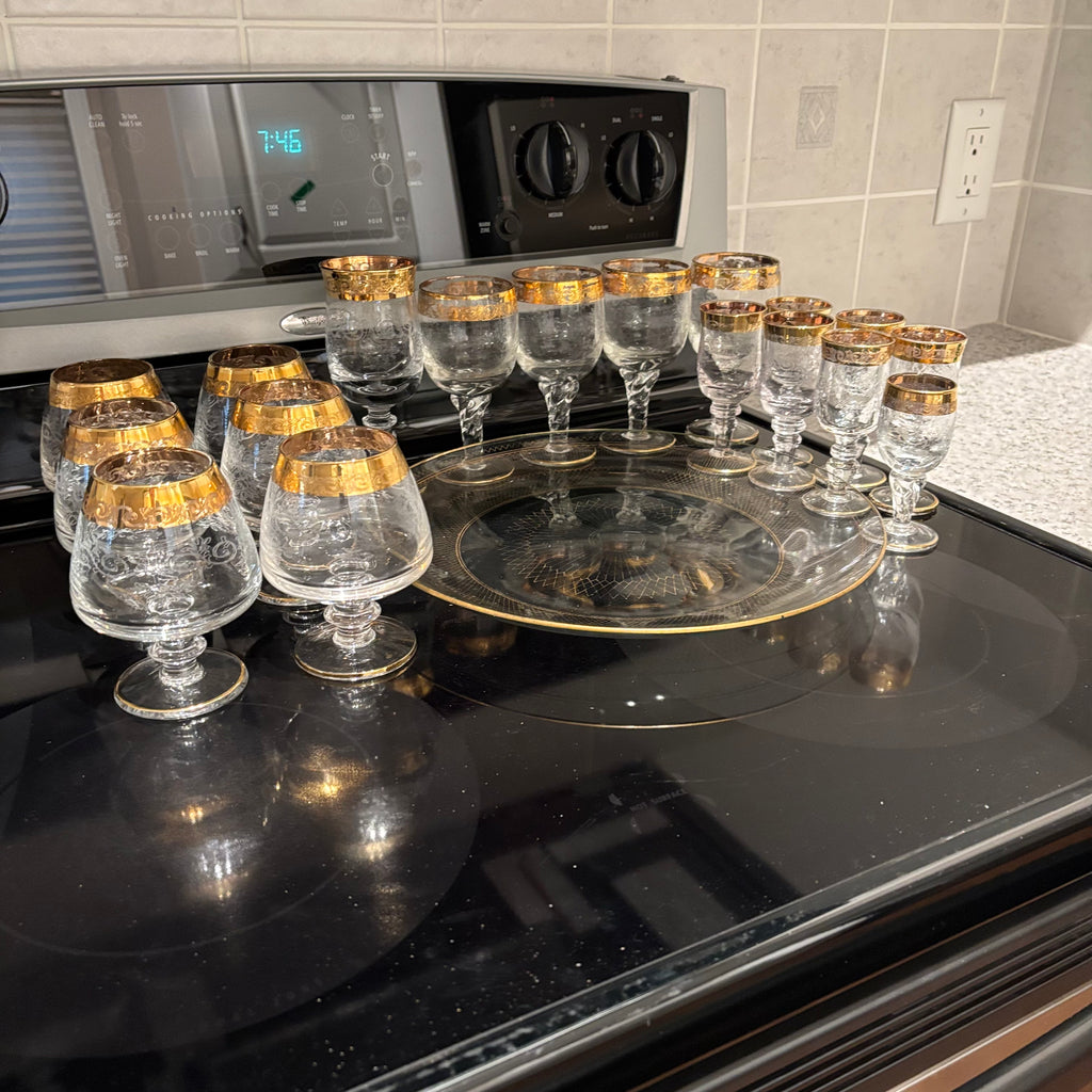 F811 Vintage Barware Grouping (gold rimmed glasses and more)