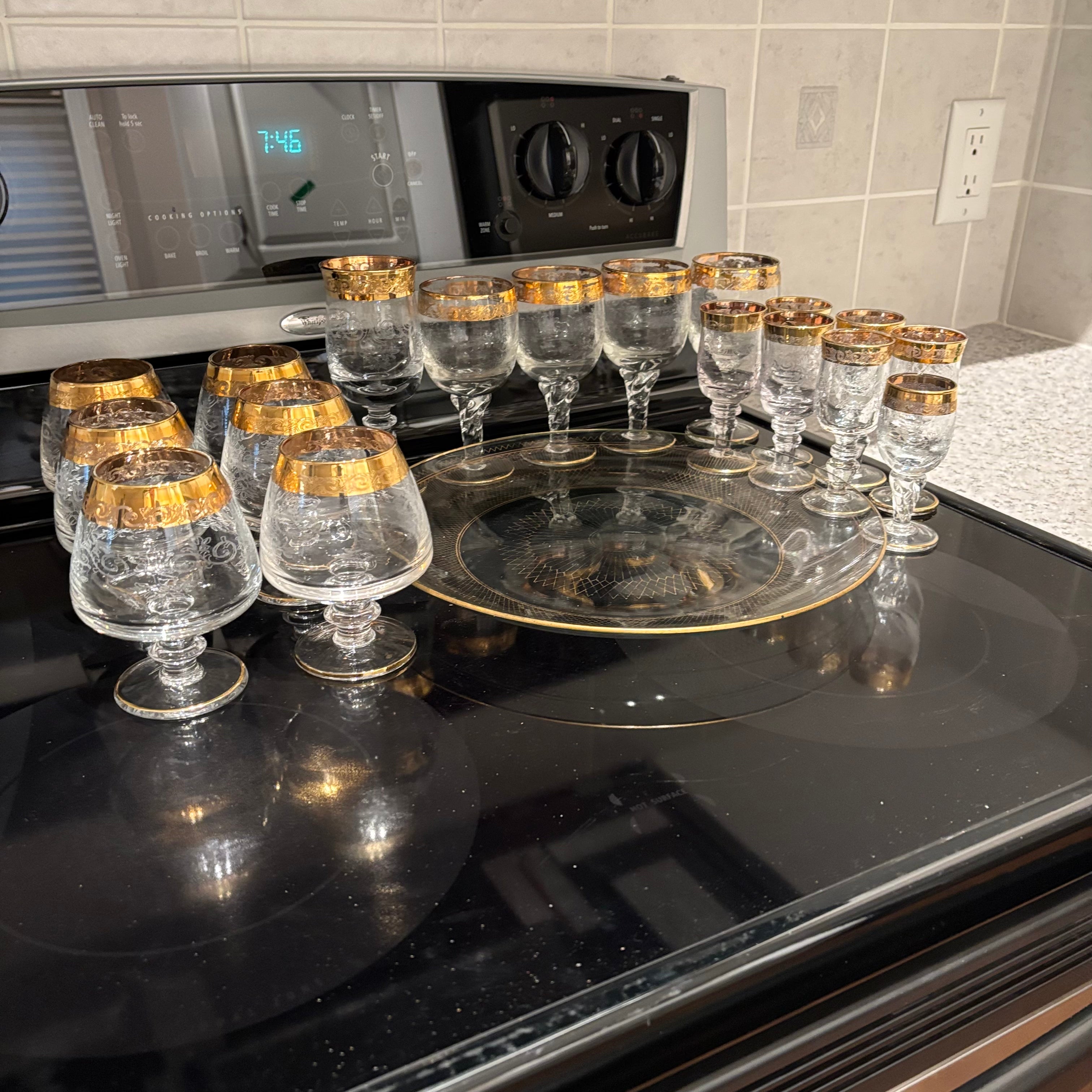F811 Vintage Barware Grouping (gold rimmed glasses and more)