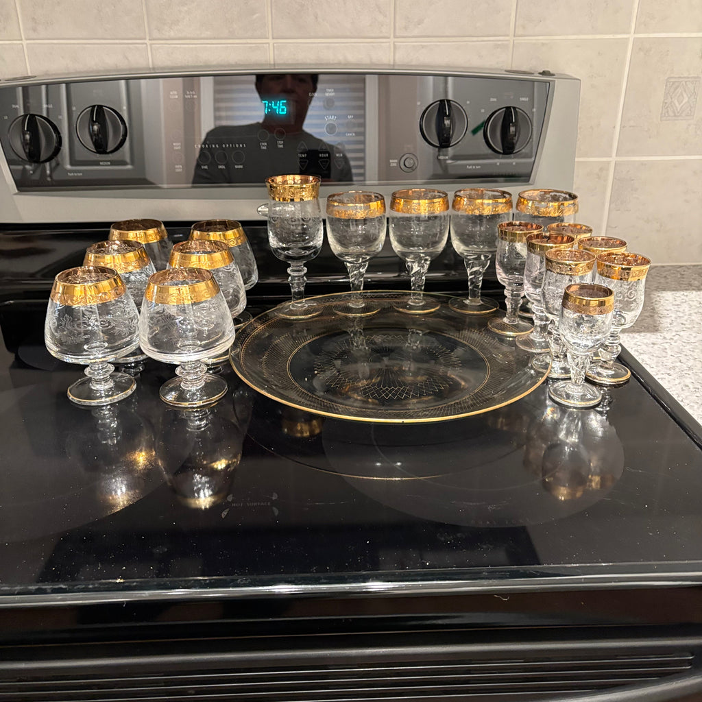 F811 Vintage Barware Grouping (gold rimmed glasses and more)