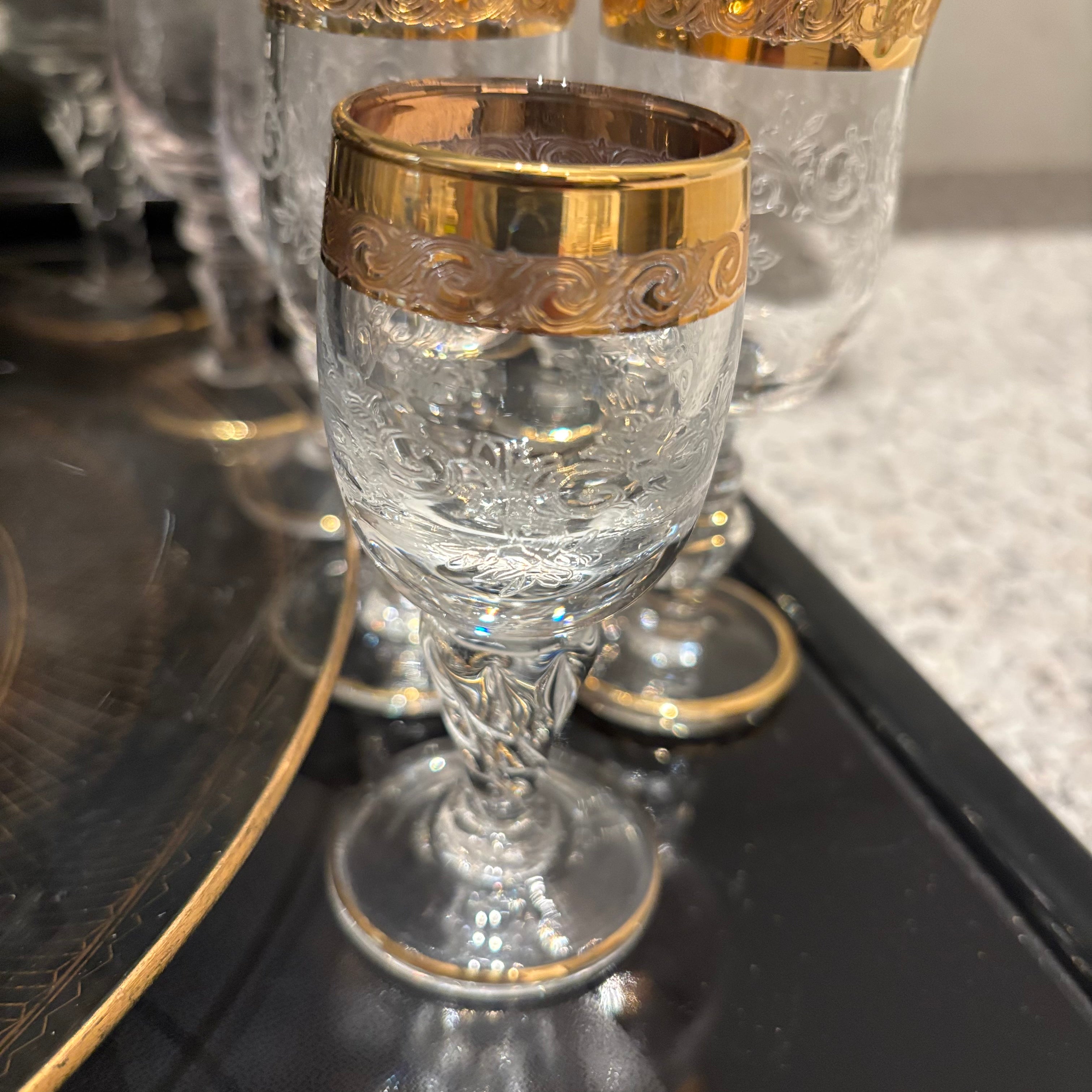 F811 Vintage Barware Grouping (gold rimmed glasses and more)