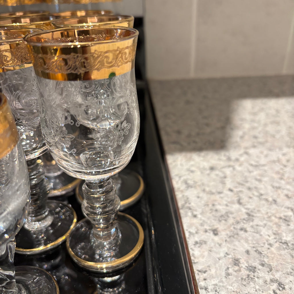 F811 Vintage Barware Grouping (gold rimmed glasses and more)