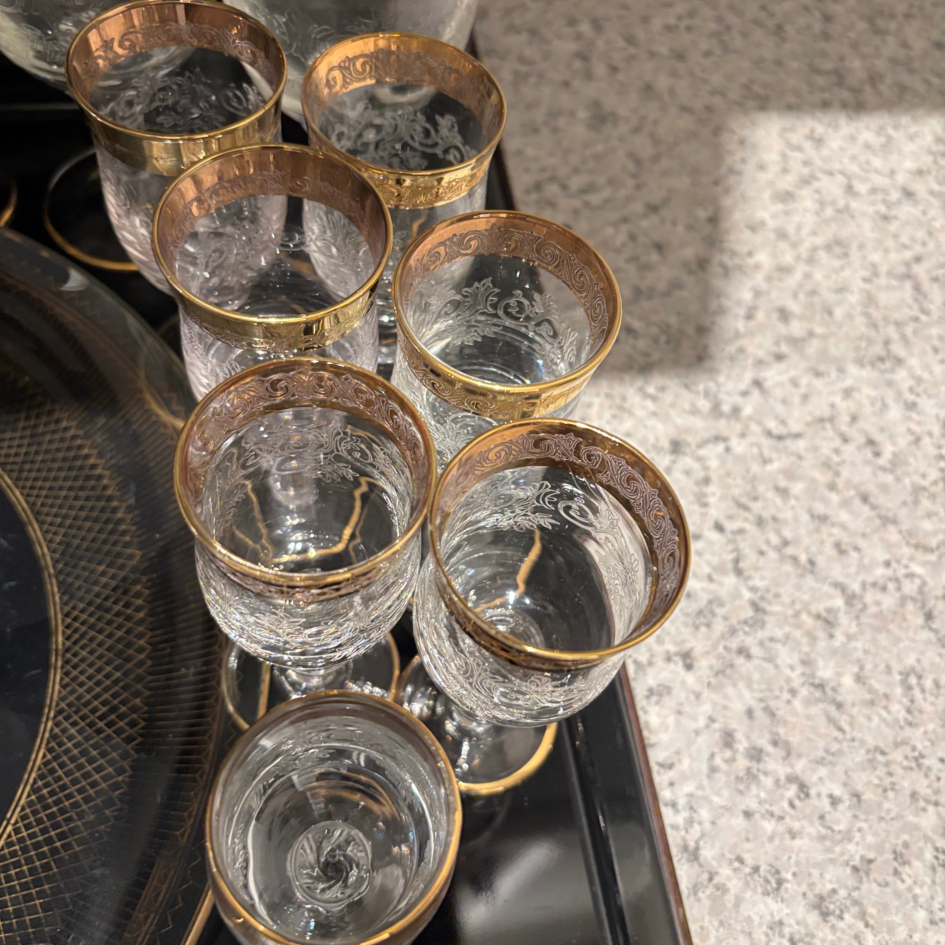 F811 Vintage Barware Grouping (gold rimmed glasses and more)