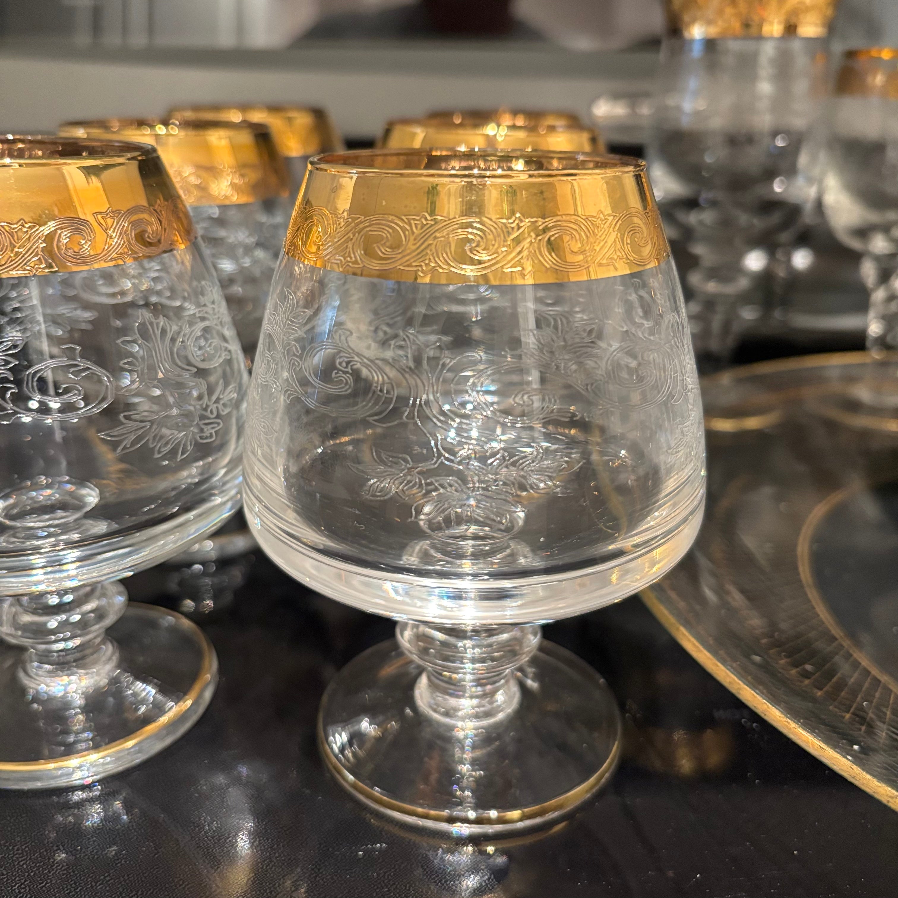 F811 Vintage Barware Grouping (gold rimmed glasses and more)