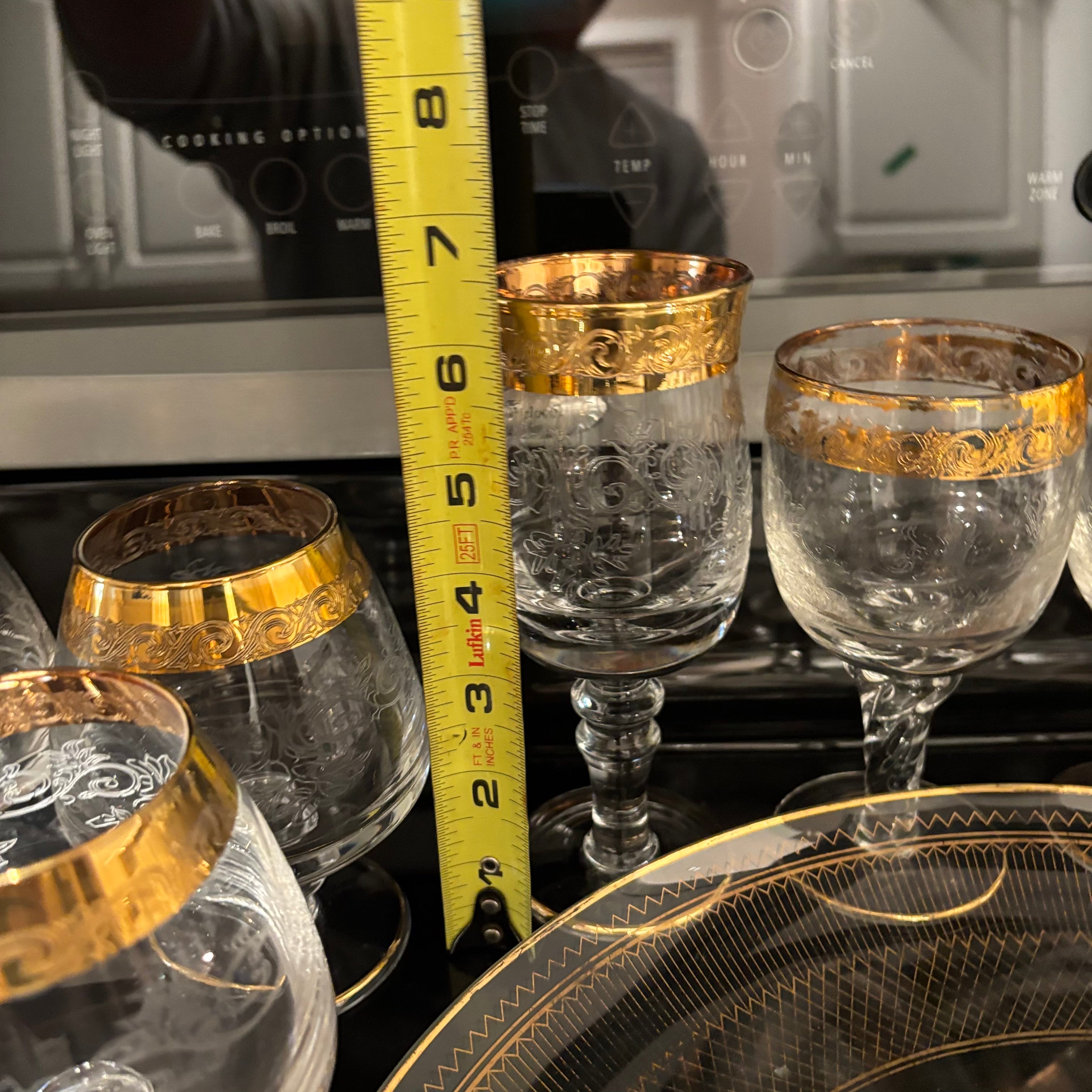F811 Vintage Barware Grouping (gold rimmed glasses and more)