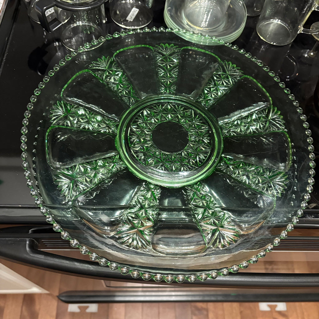 F813 Vintage Glass Grouping (green glass cake plate and more)