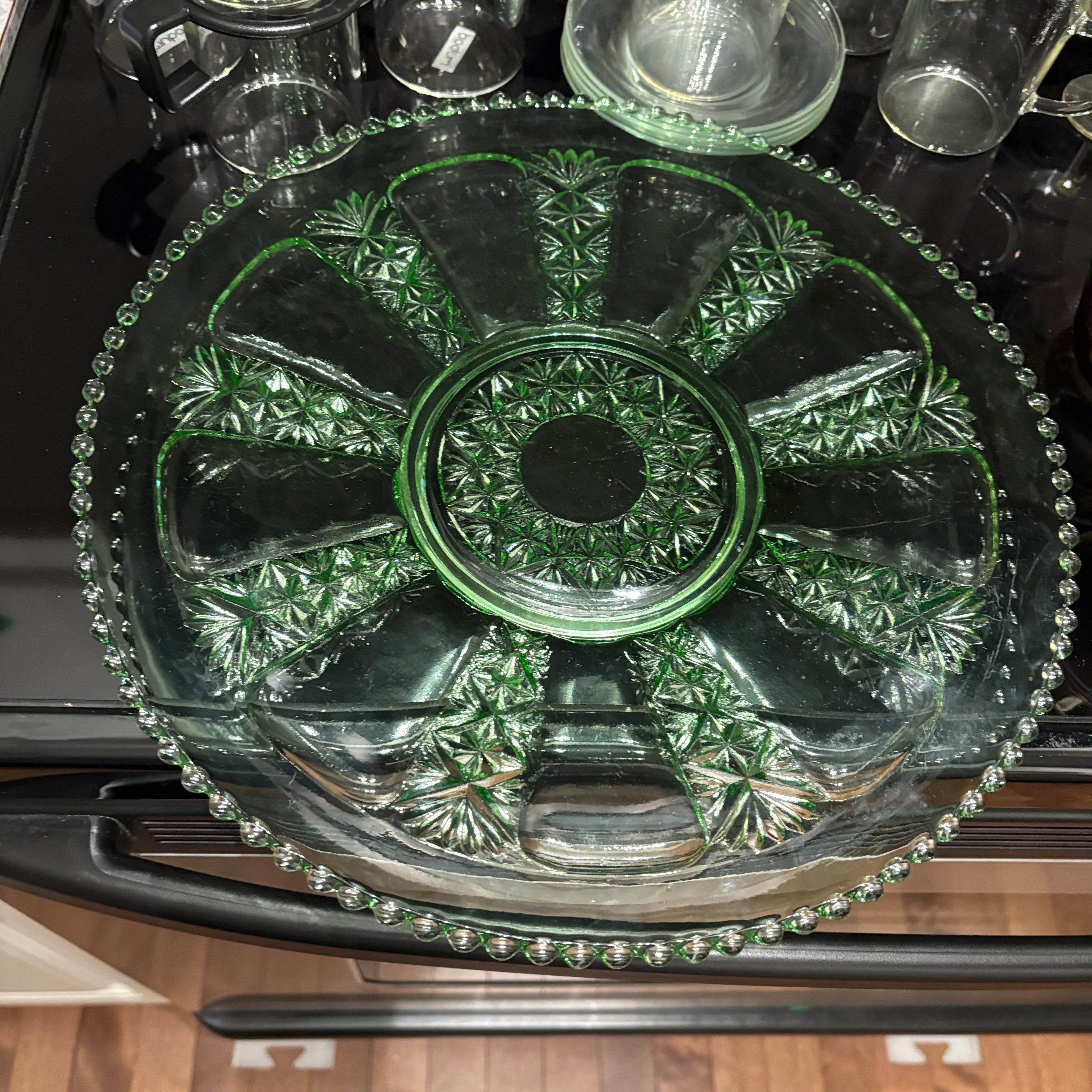 F813 Vintage Glass Grouping (green glass cake plate and more)