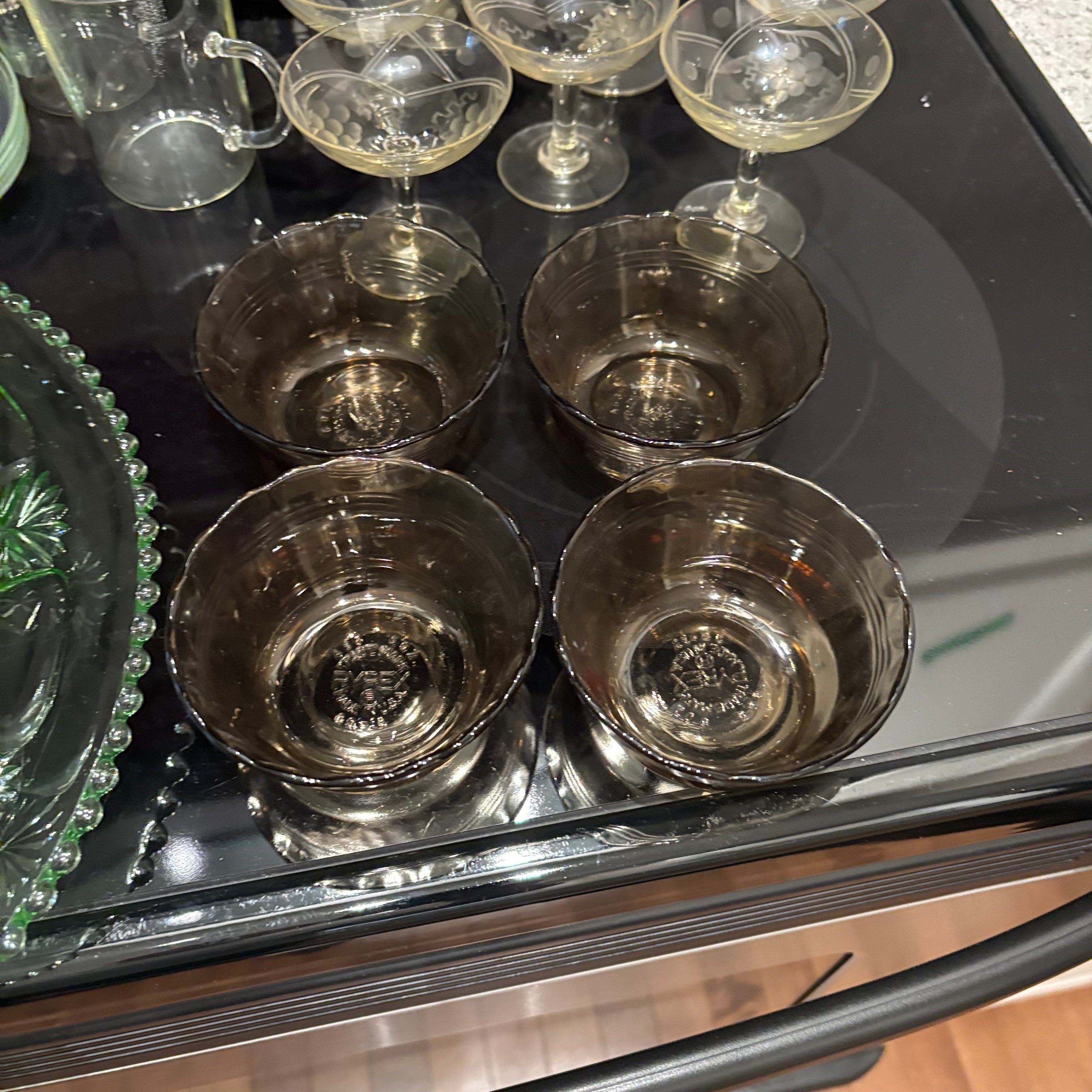 F813 Vintage Glass Grouping (green glass cake plate and more)