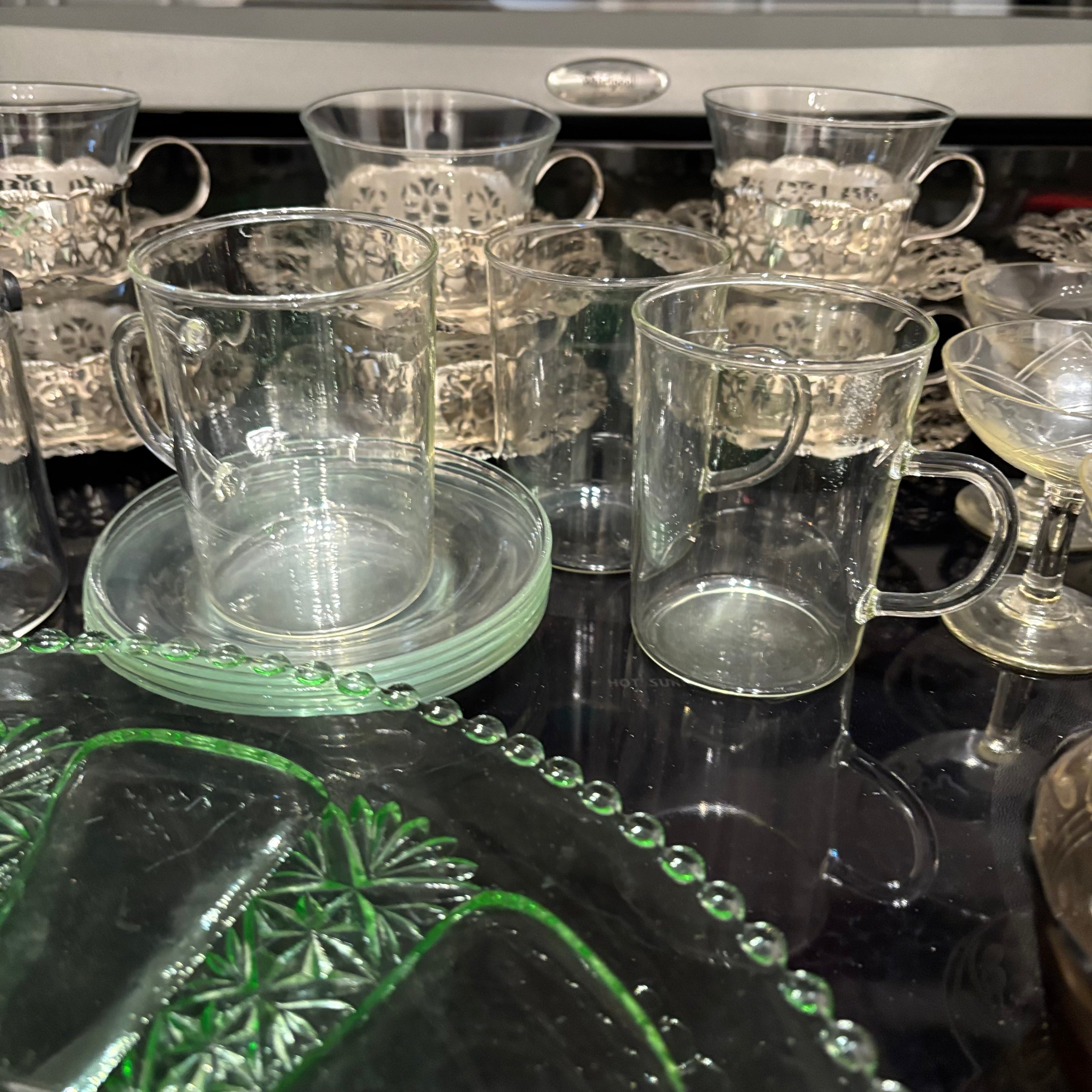 F813 Vintage Glass Grouping (green glass cake plate and more)