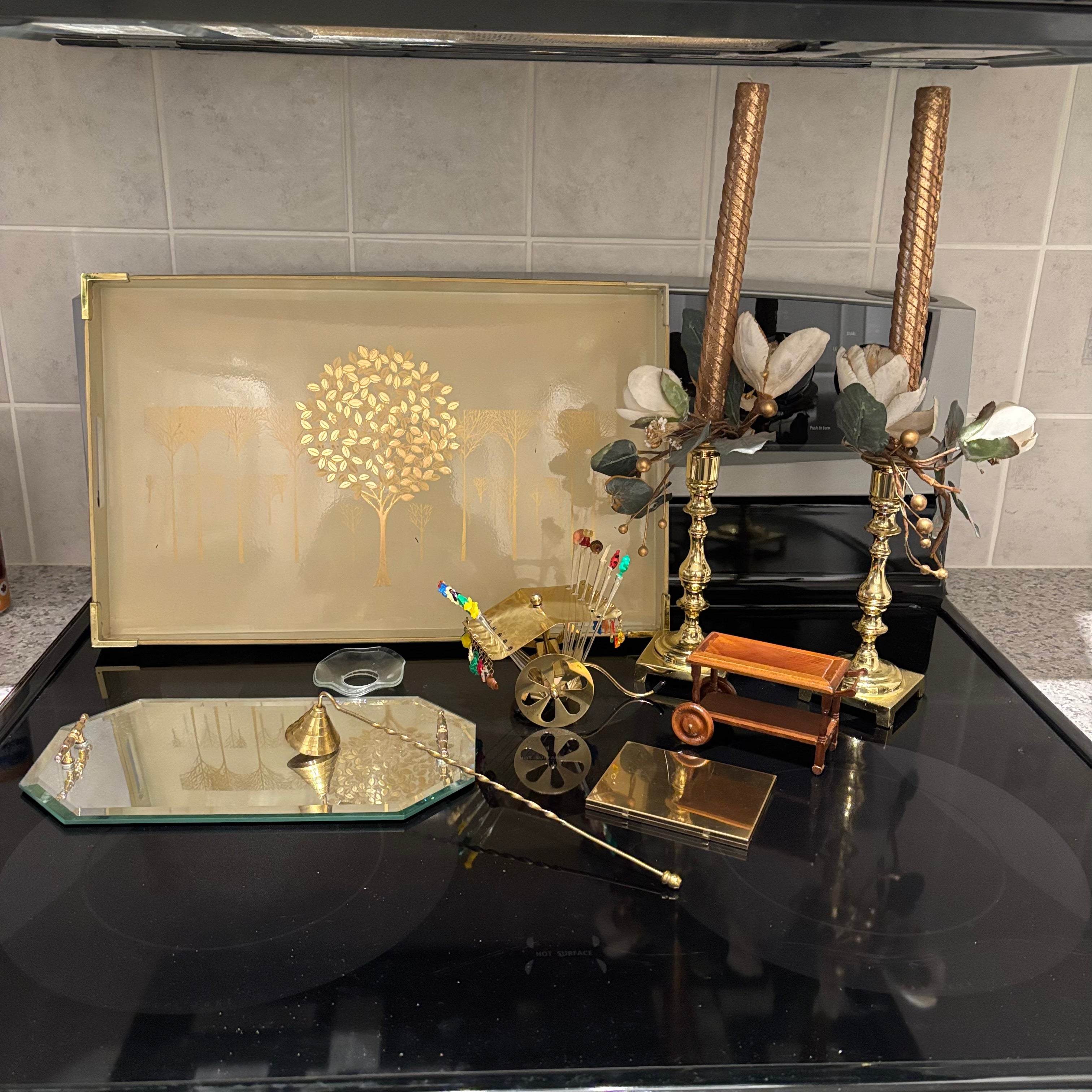 F817 Home Decor Grouping (brass candle sticks and more)