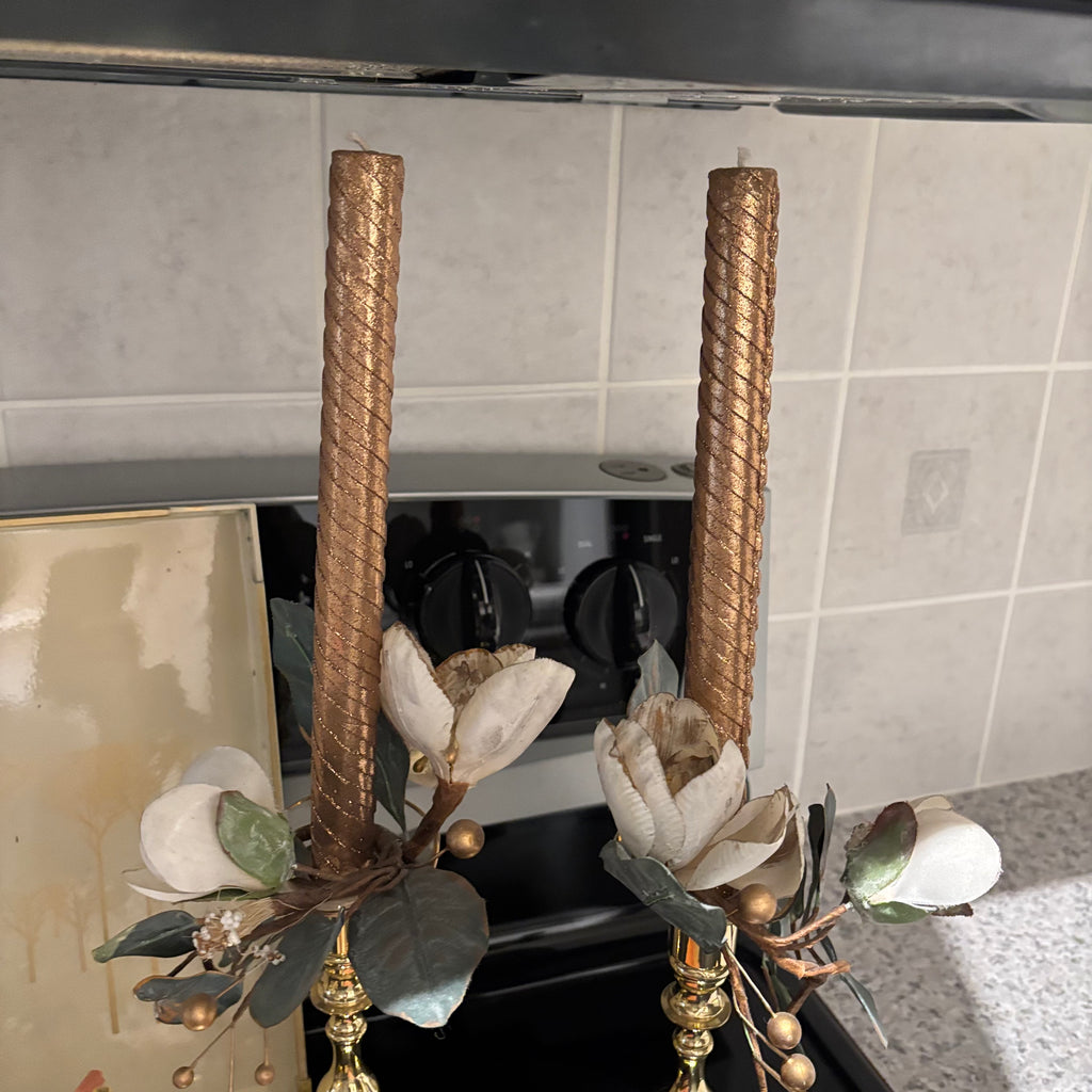 F817 Home Decor Grouping (brass candle sticks and more)