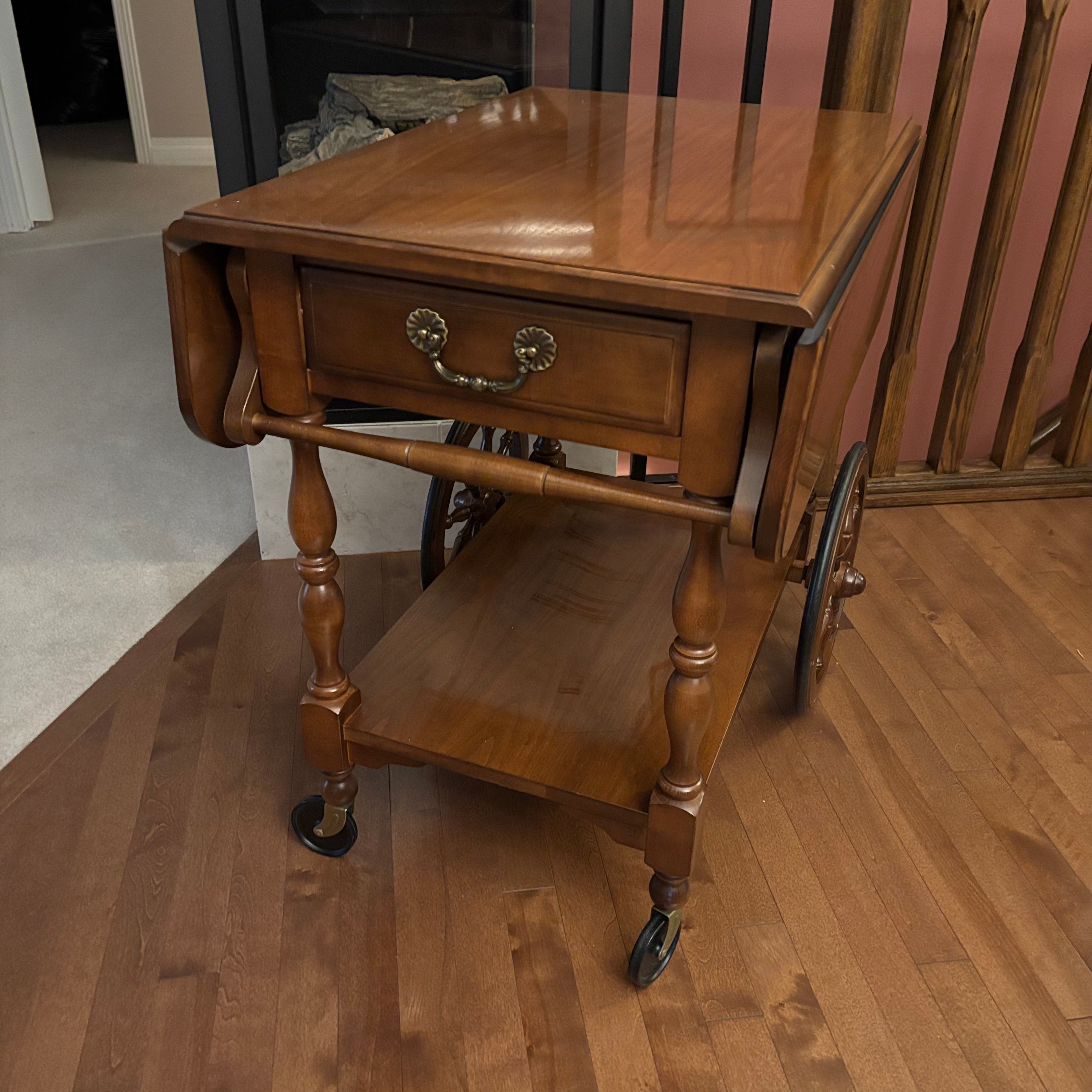F824 Vintage wooden rolling tea cart with drop leaves