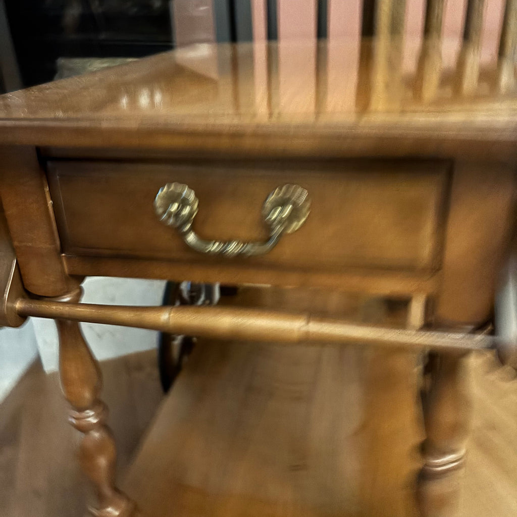 F824 Vintage wooden rolling tea cart with drop leaves