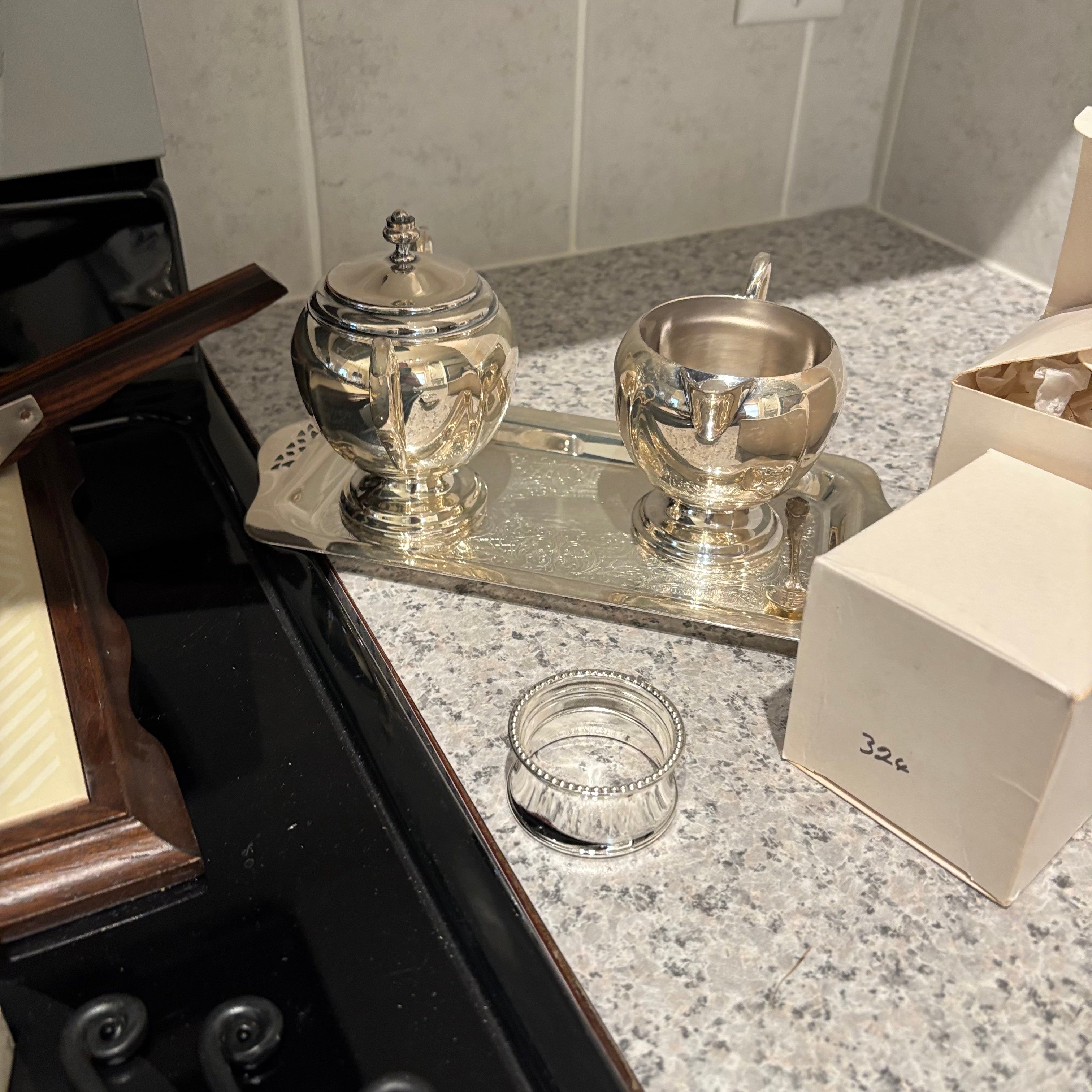 F829 Silver plated napkin rings, mini s&p, and more grouping