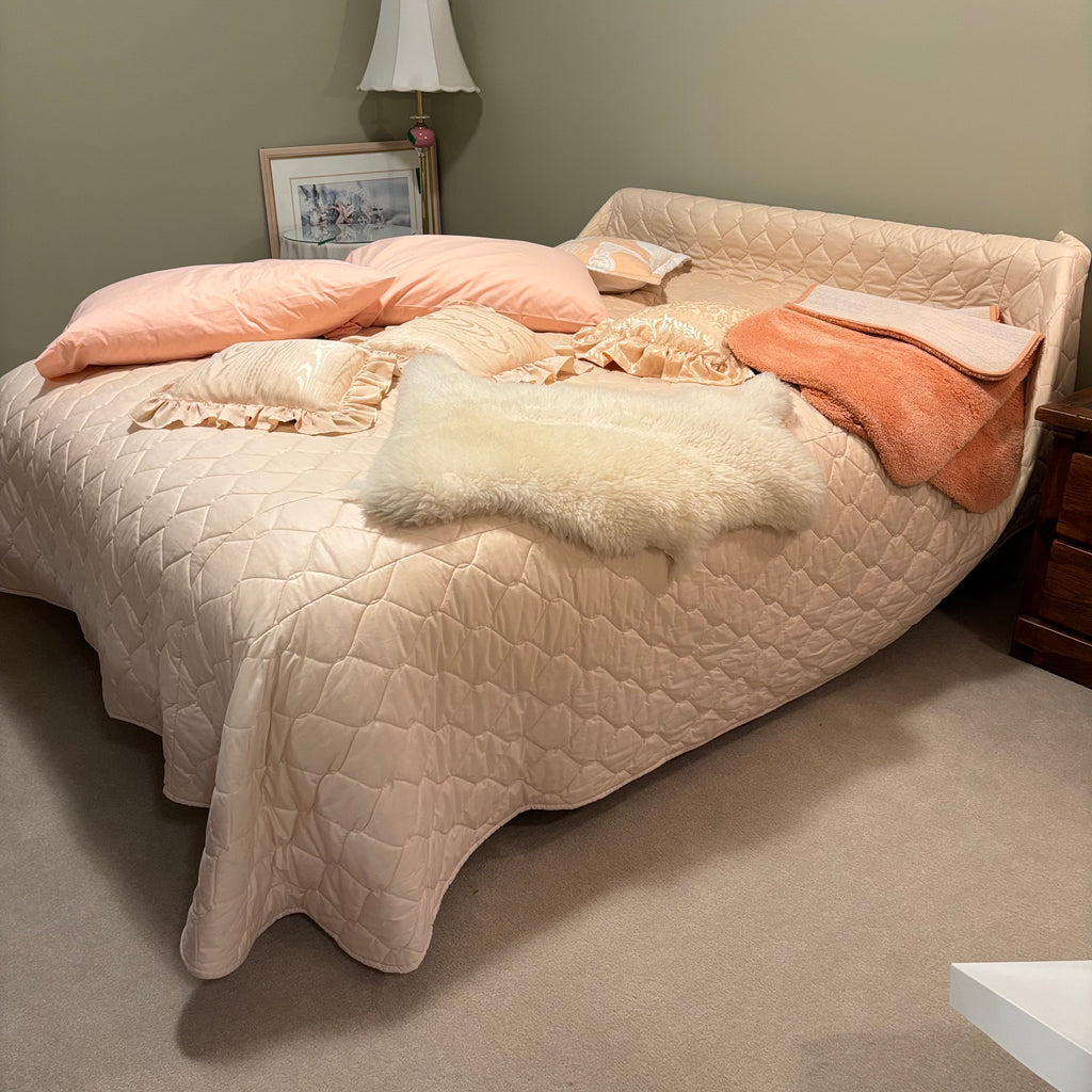 F835 Peachy vintage linens grouping (linens on bed only; bed not included)