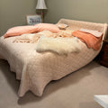 F835 Peachy vintage linens grouping (linens on bed only; bed not included)