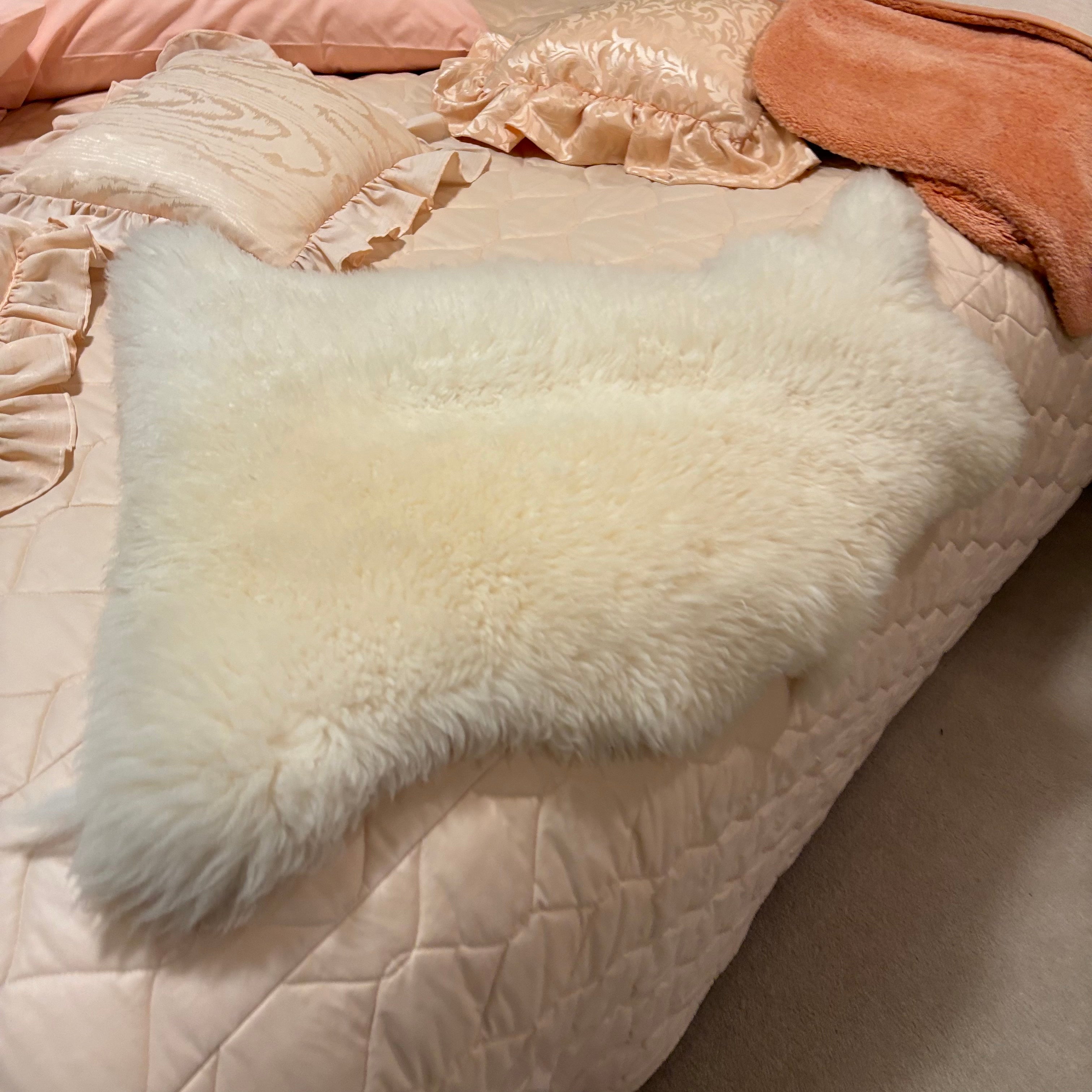 F835 Peachy vintage linens grouping (linens on bed only; bed not included)
