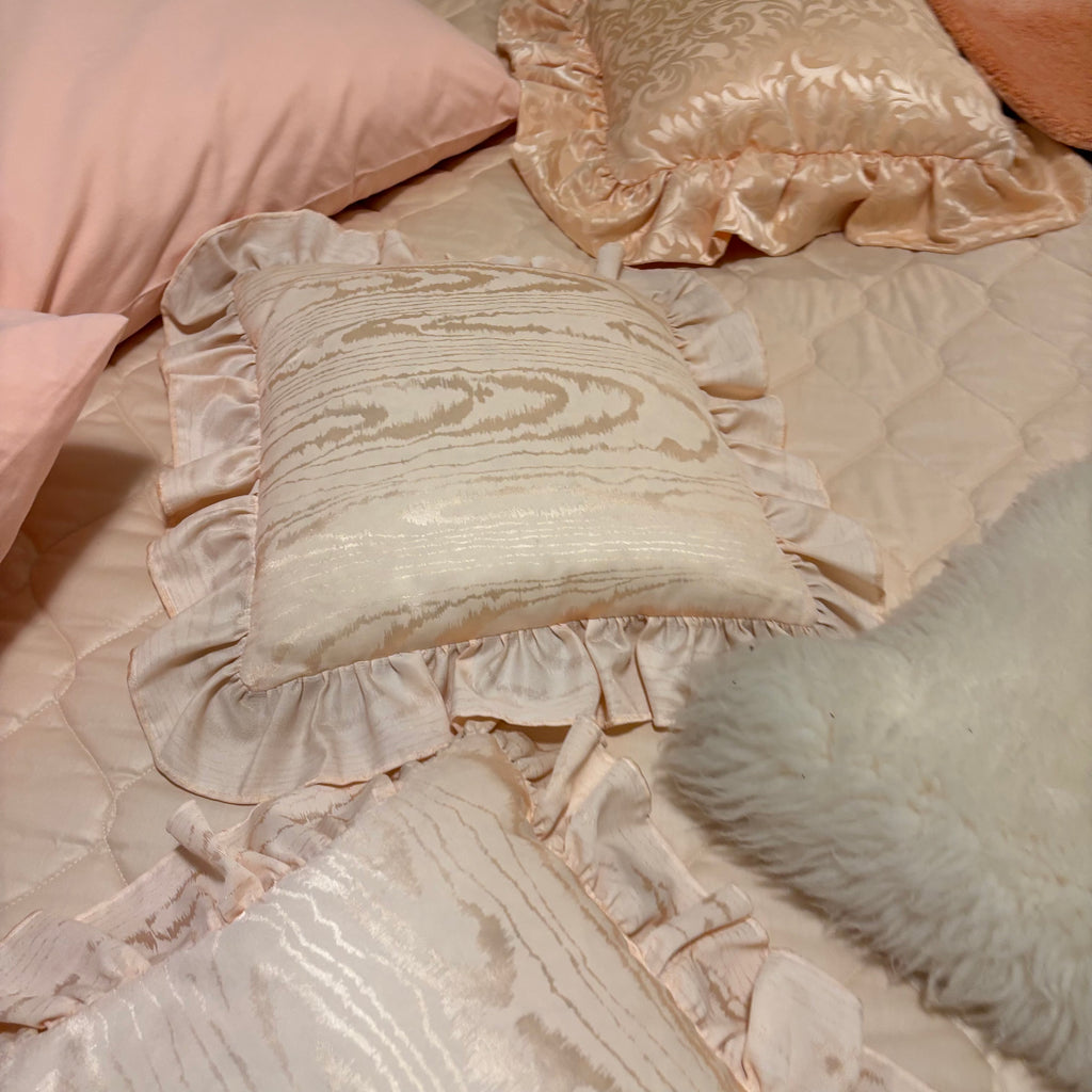 F835 Peachy vintage linens grouping (linens on bed only; bed not included)