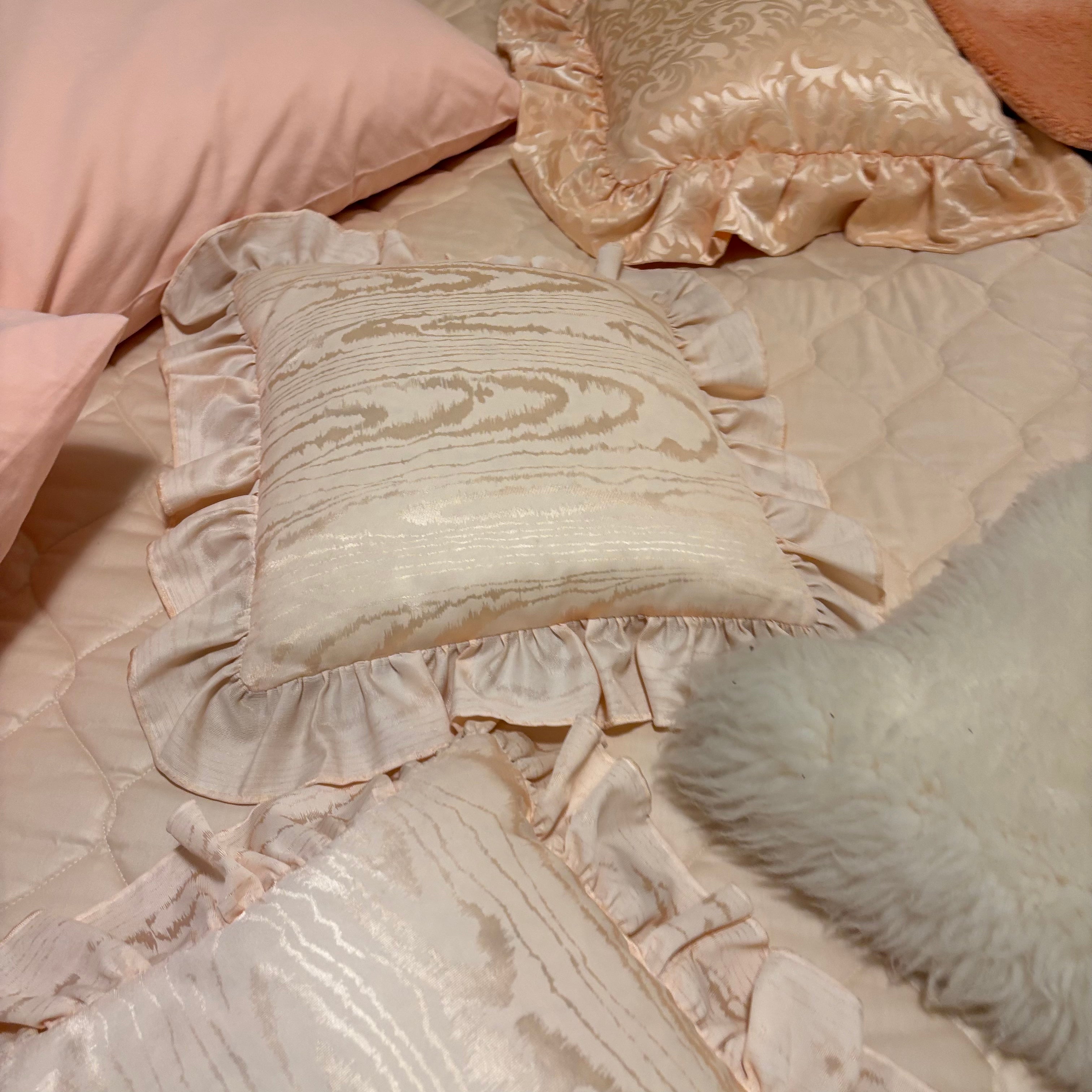 F835 Peachy vintage linens grouping (linens on bed only; bed not included)