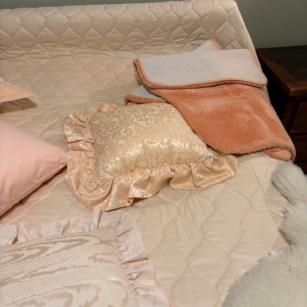 F835 Peachy vintage linens grouping (linens on bed only; bed not included)