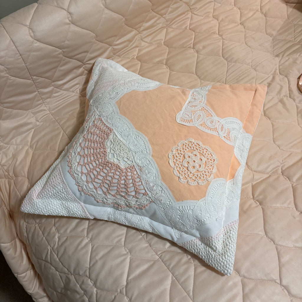 F835 Peachy vintage linens grouping (linens on bed only; bed not included)