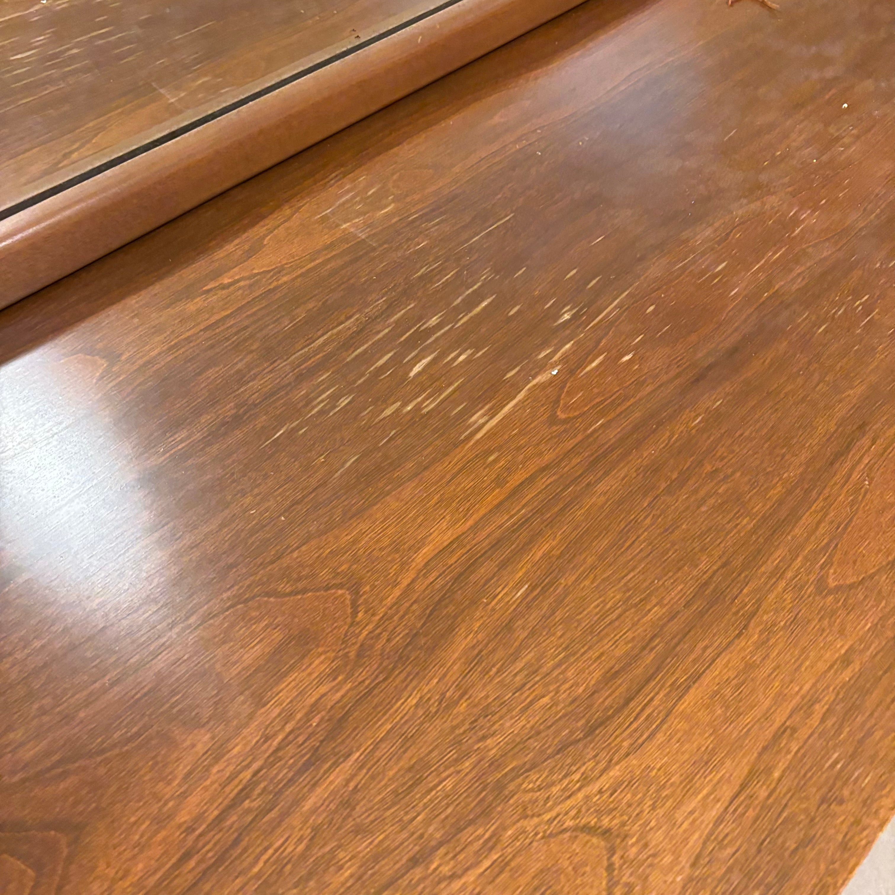 F836 Mid Century Modern Solid walnut 9 drawer dresser with mirror (water damage on top)
