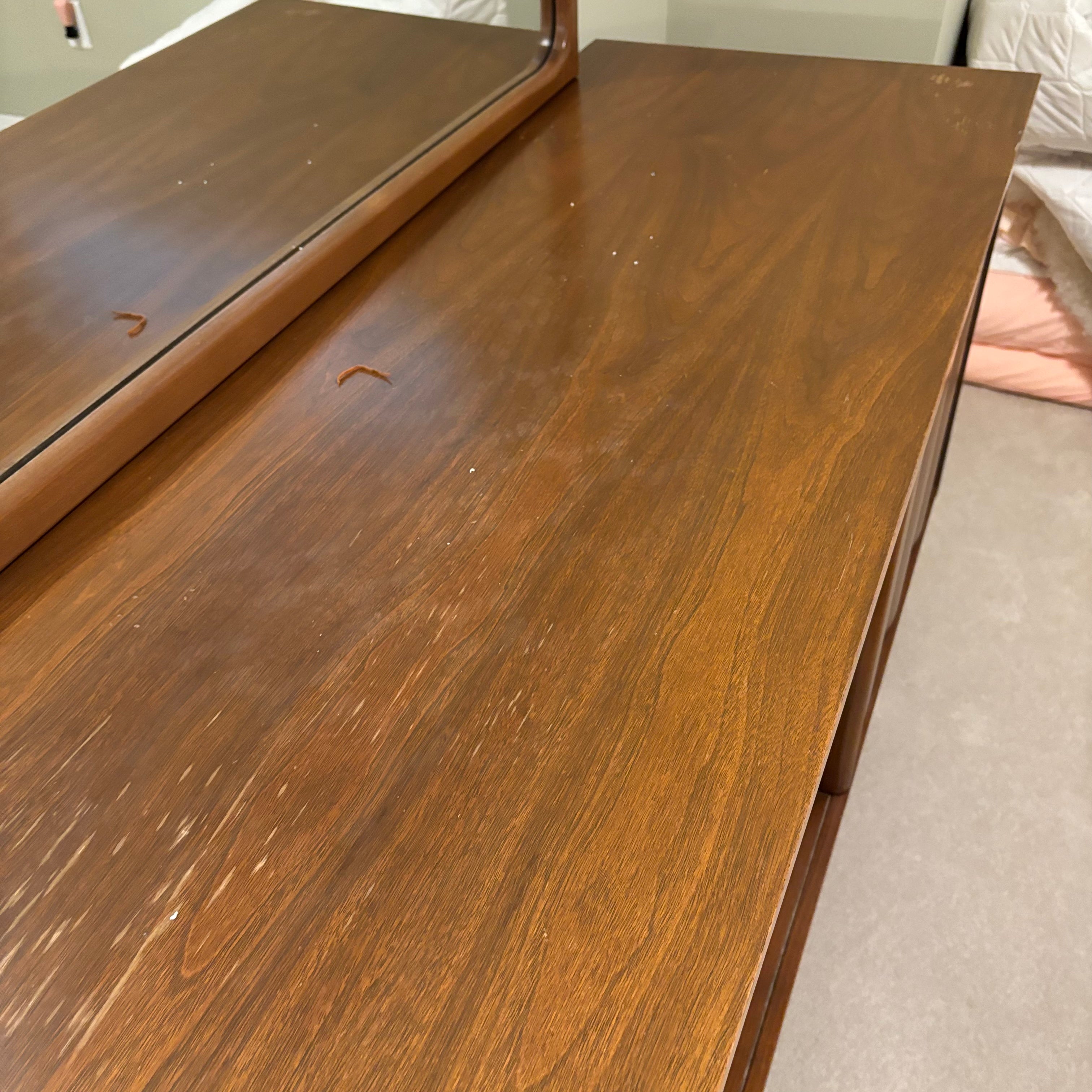 F836 Mid Century Modern Solid walnut 9 drawer dresser with mirror (water damage on top)