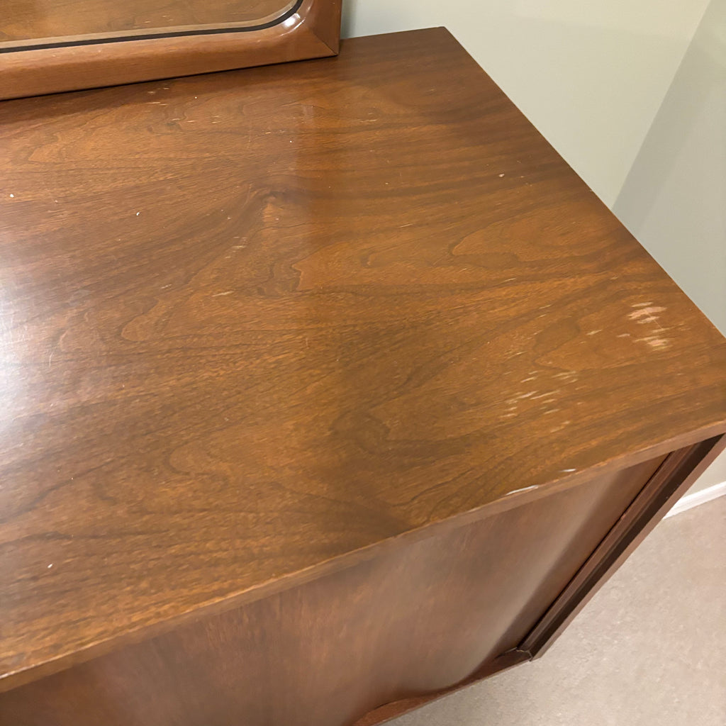 F836 Mid Century Modern Solid walnut 9 drawer dresser with mirror (water damage on top)
