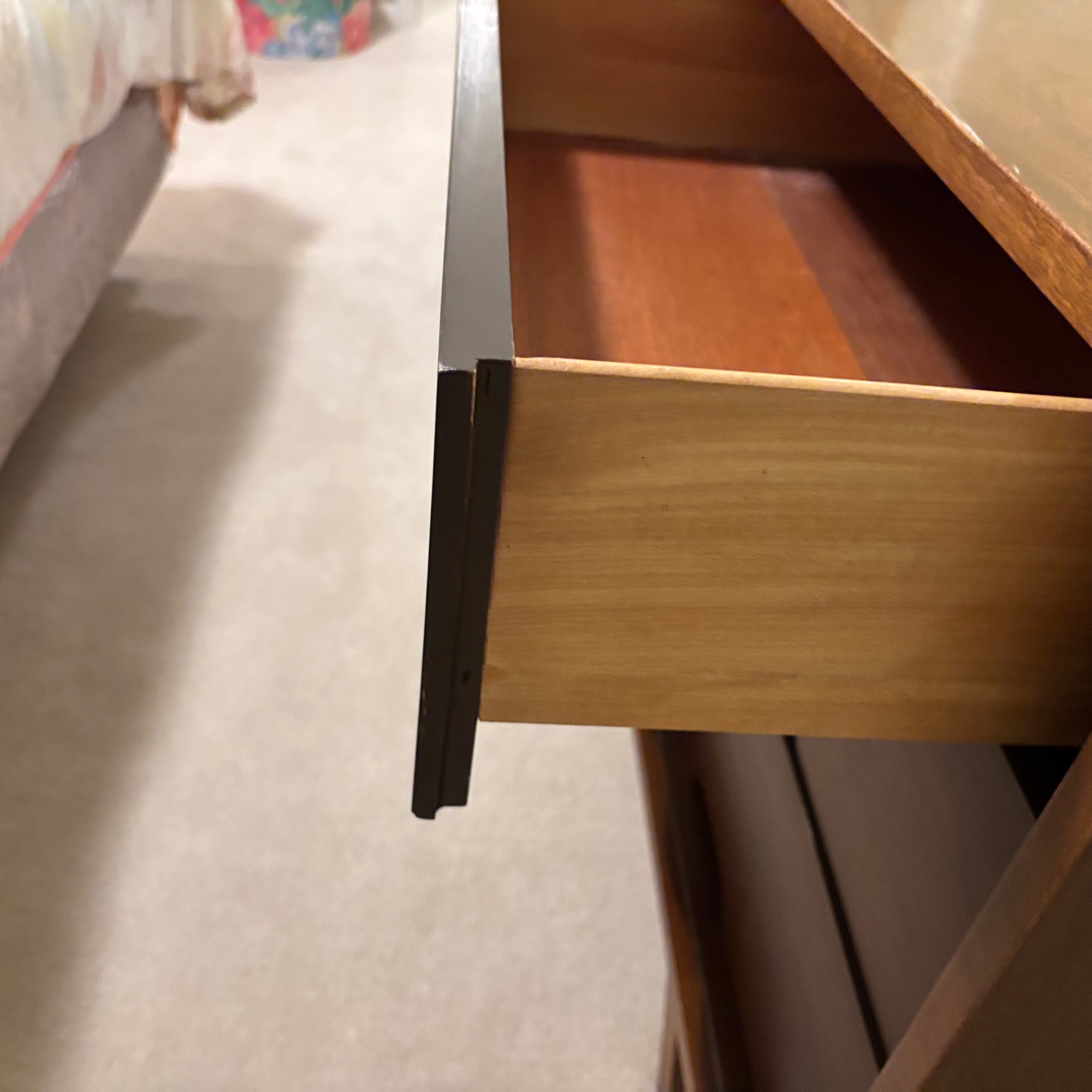 F836 Mid Century Modern Solid walnut 9 drawer dresser with mirror (water damage on top)