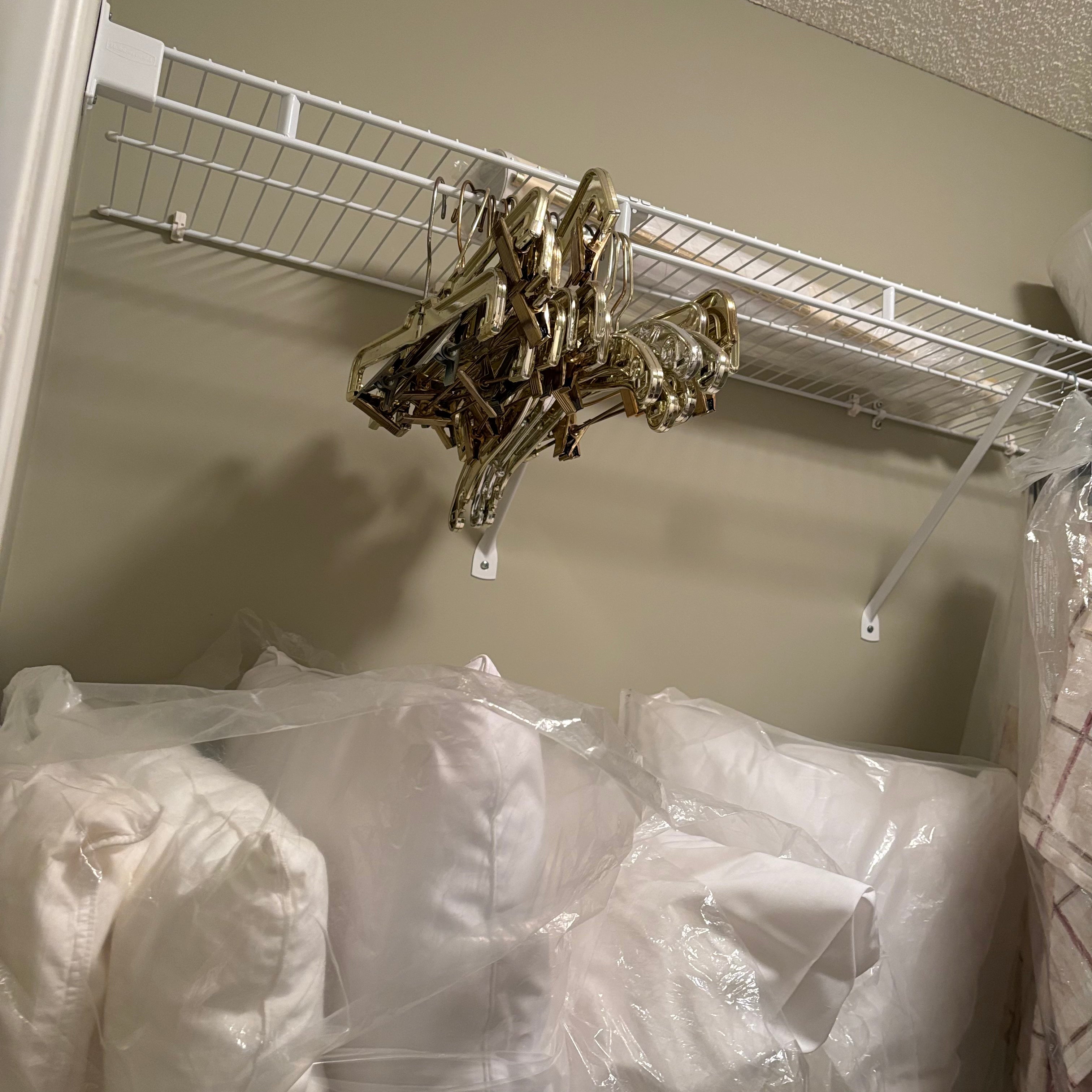F838 Linen closet contents (gold hangers and more)