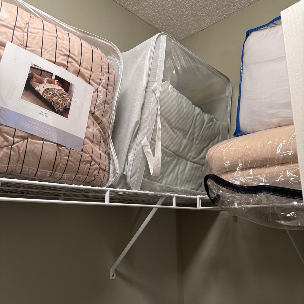 F838 Linen closet contents (gold hangers and more)
