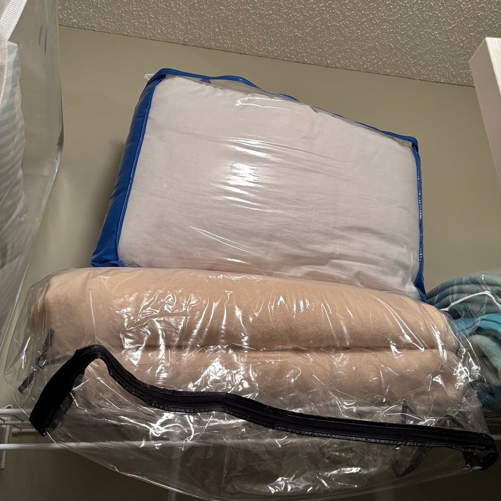 F838 Linen closet contents (gold hangers and more)