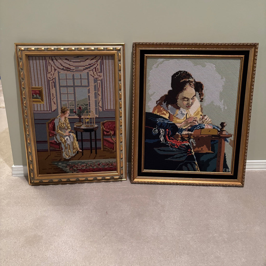 F840 Set of 2 framed vintage cross-stitch