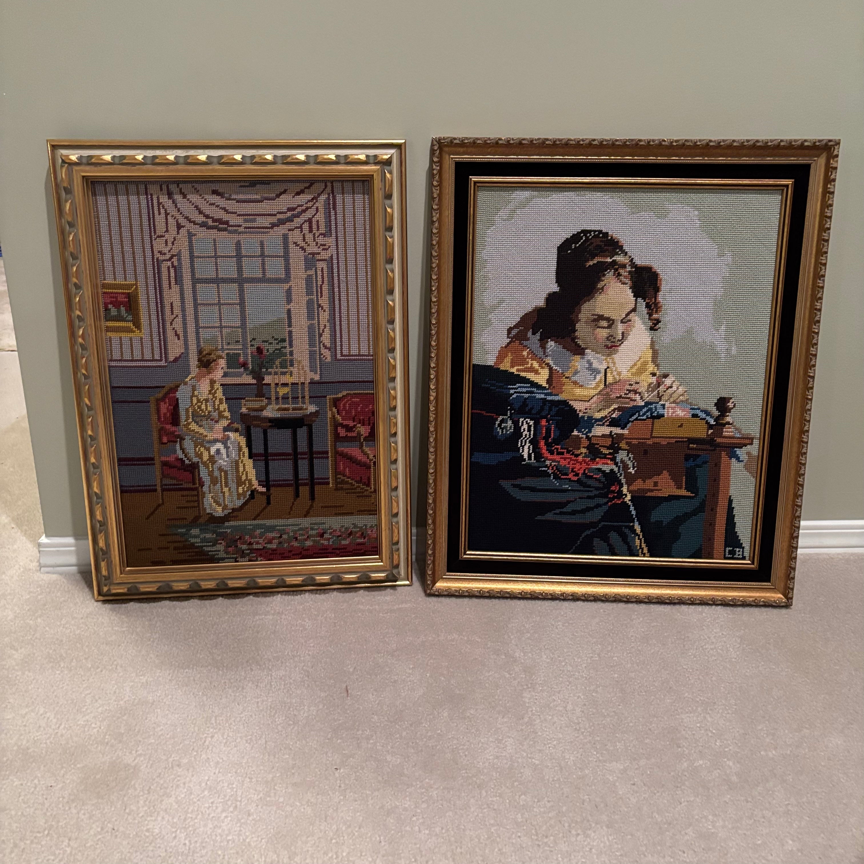 F840 Set of 2 framed vintage cross-stitch