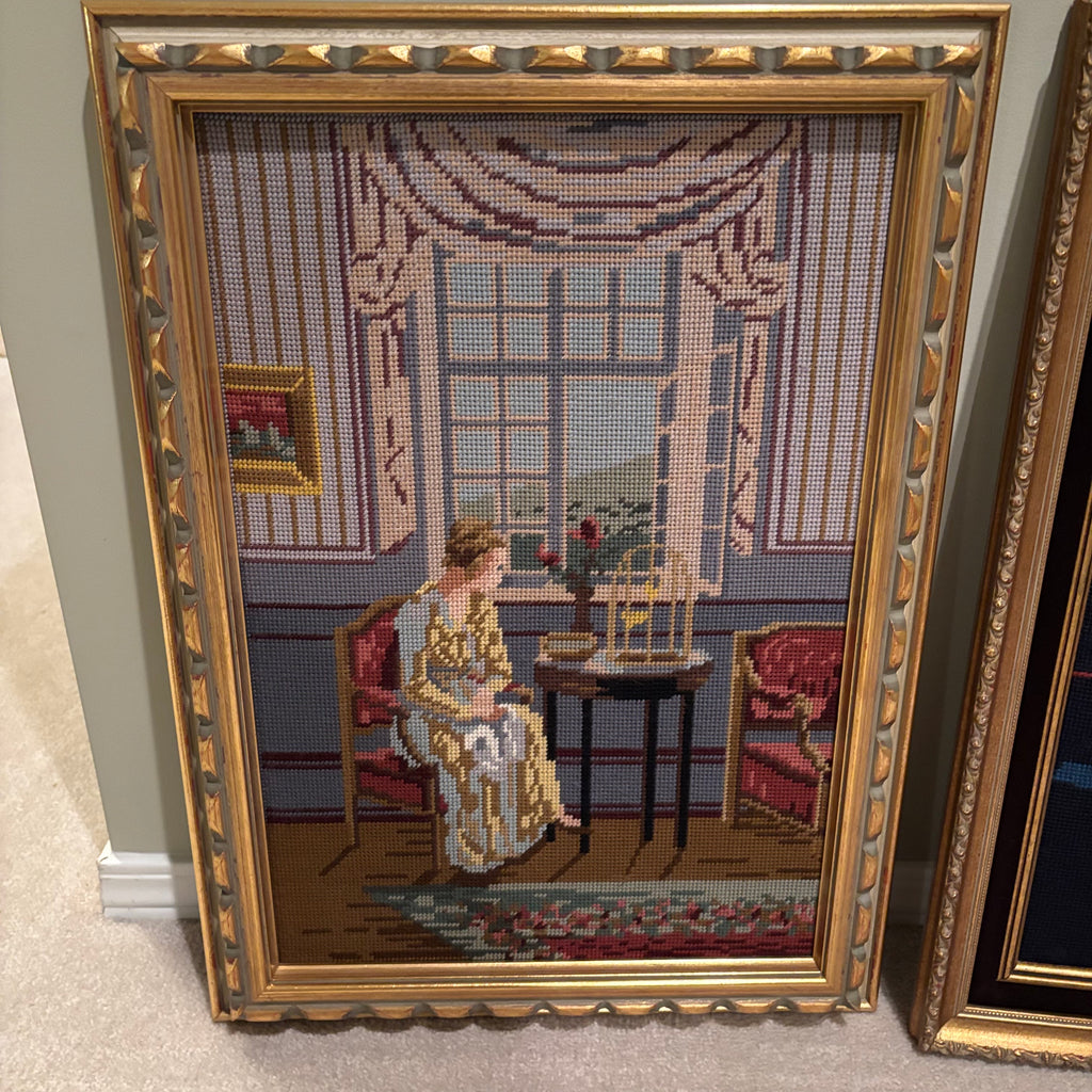 F840 Set of 2 framed vintage cross-stitch