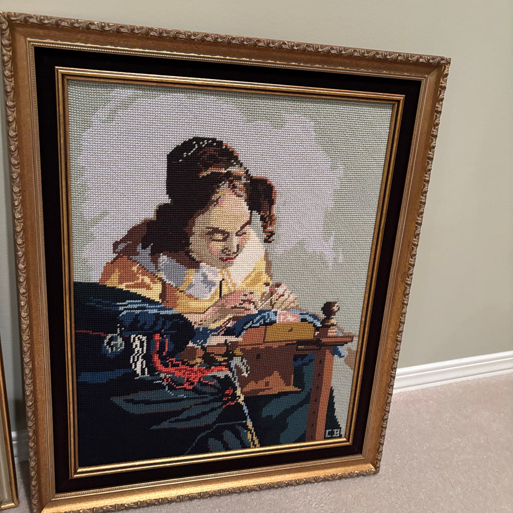 F840 Set of 2 framed vintage cross-stitch